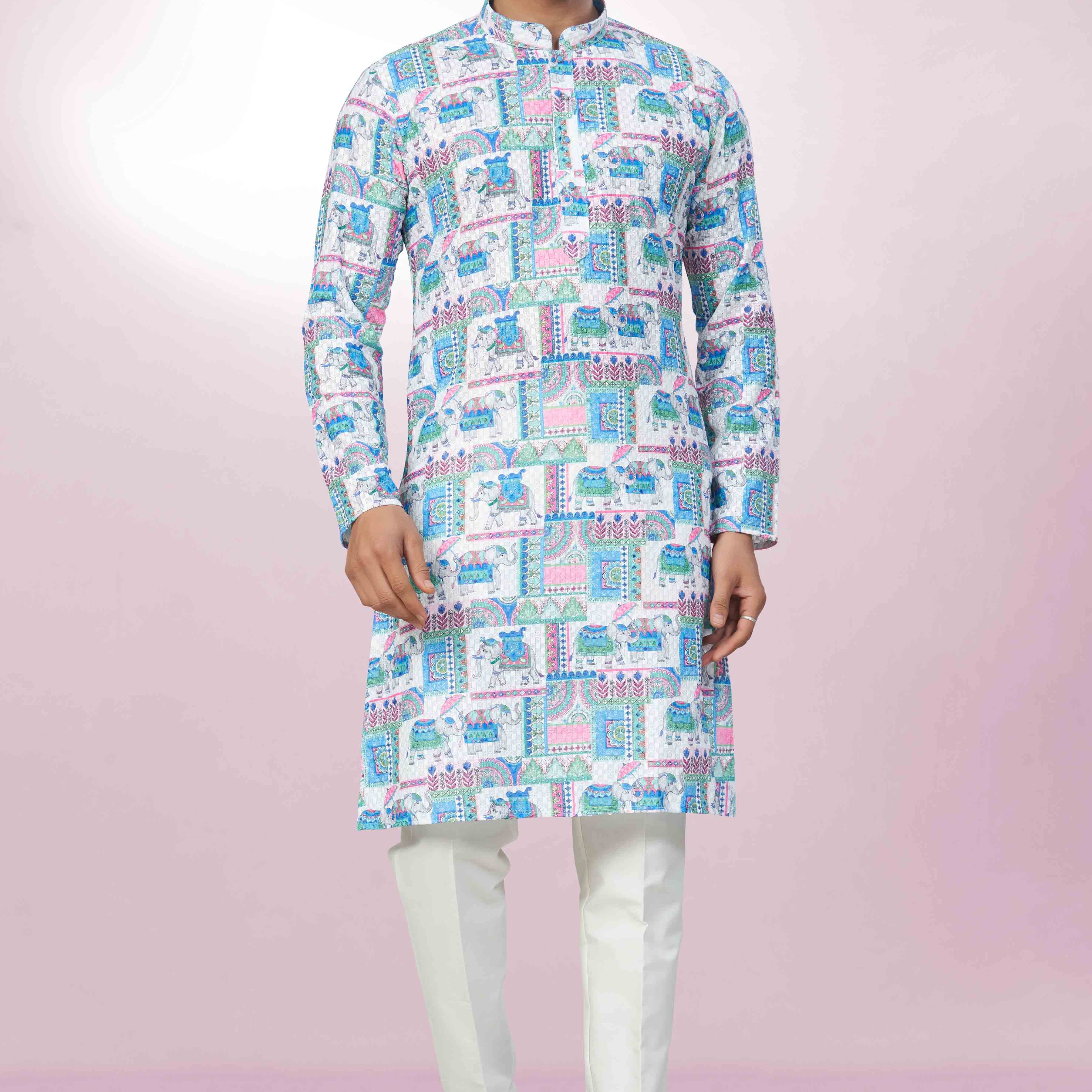 Elephant Printed Cotton Kurta For Men | Chickenkari Work
