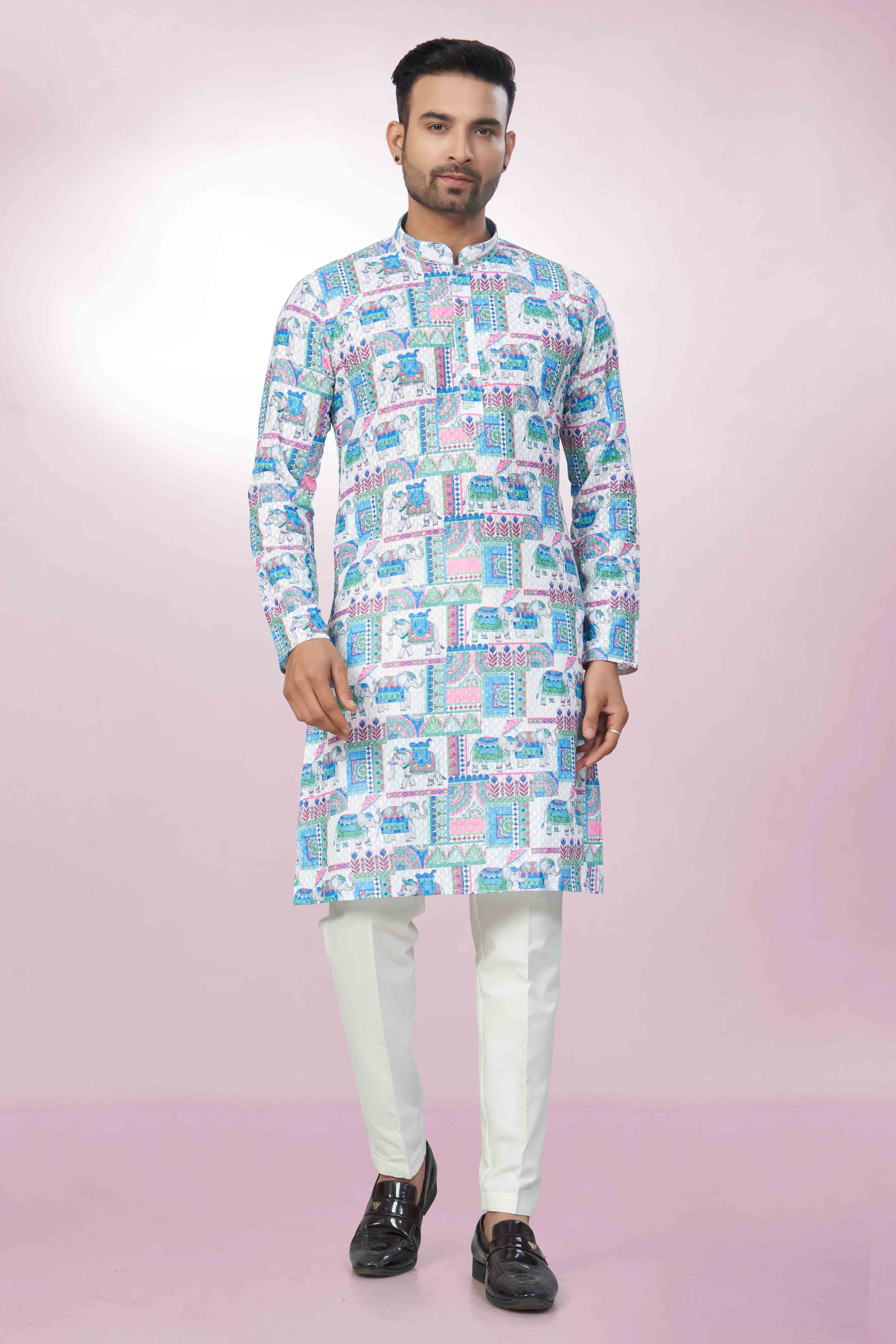 Elephant Printed Cotton Kurta For Men | Chickenkari Work
