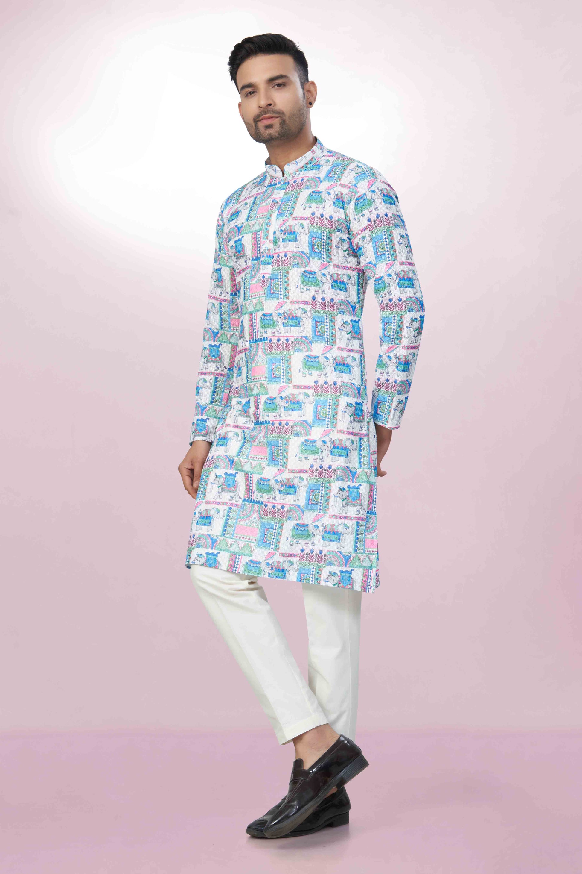 Elephant Printed Cotton Kurta For Men | Chickenkari Work