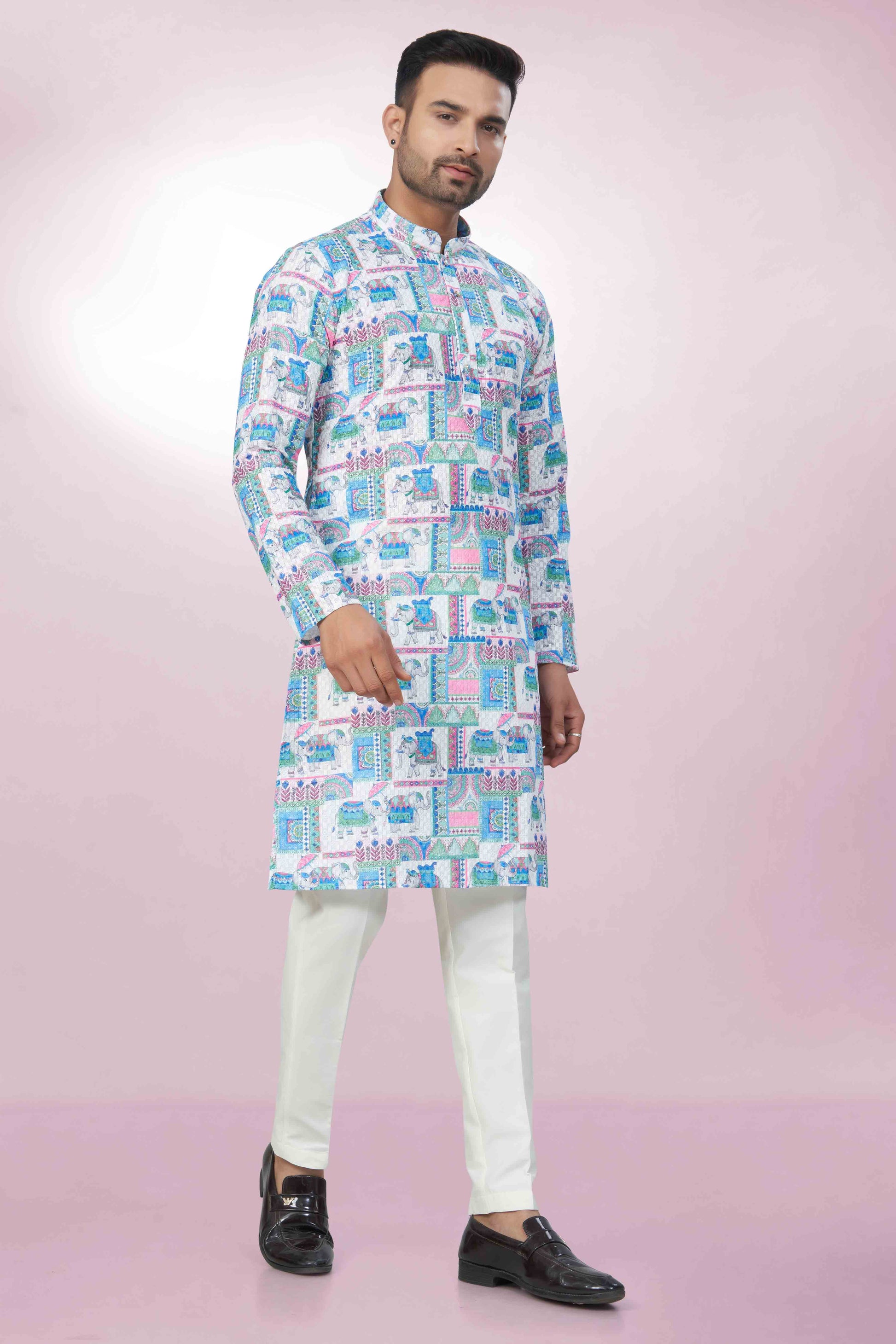 Elephant Printed Cotton Kurta For Men | Chickenkari Work