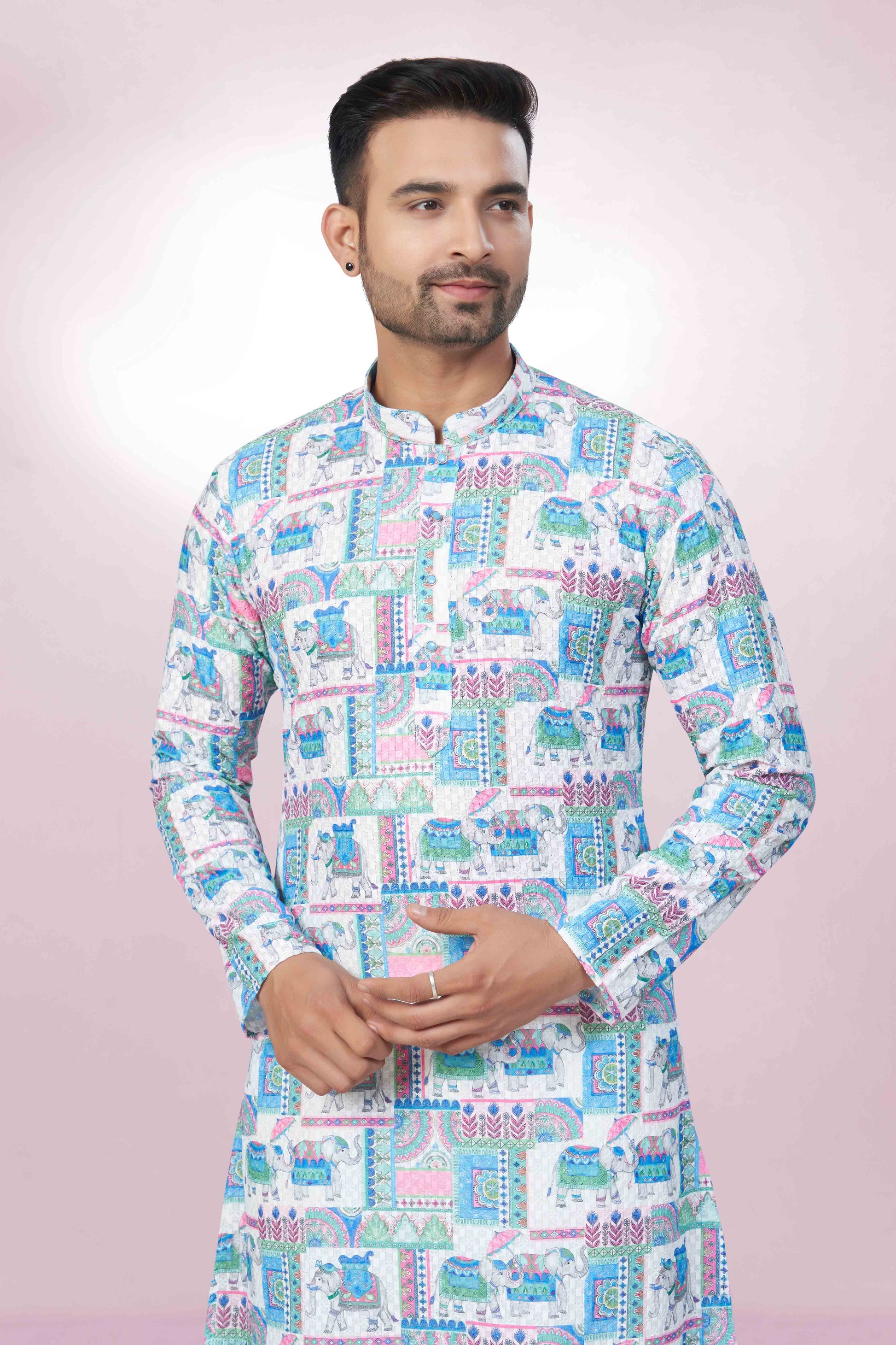 Elephant Printed Cotton Kurta For Men | Chickenkari Work