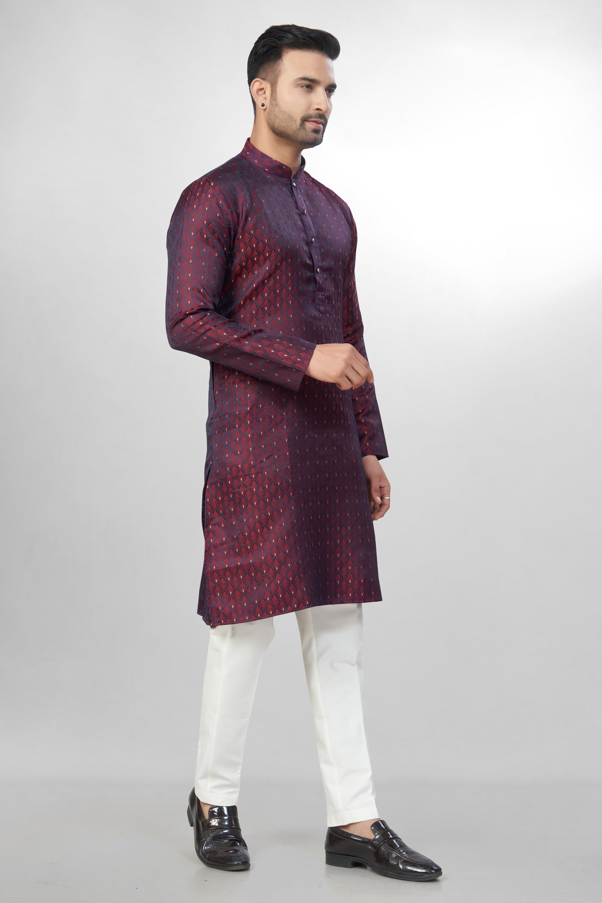 Self Design Maroon Silk Kurta For Men | Silk/ Self- Woven Work