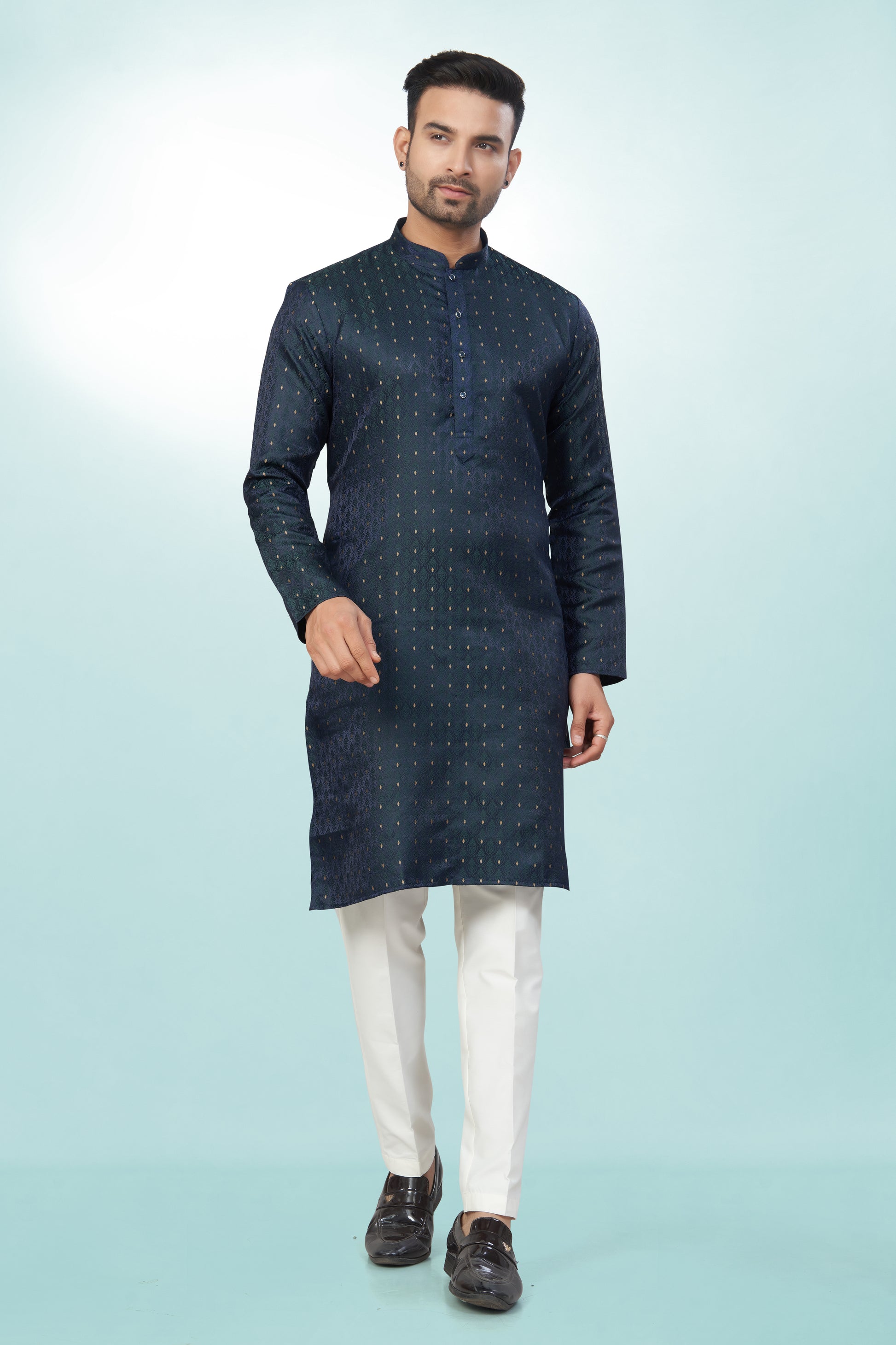 Self Design Bottle Green Silk Kurta For Men | Silk/ Self- Woven Work