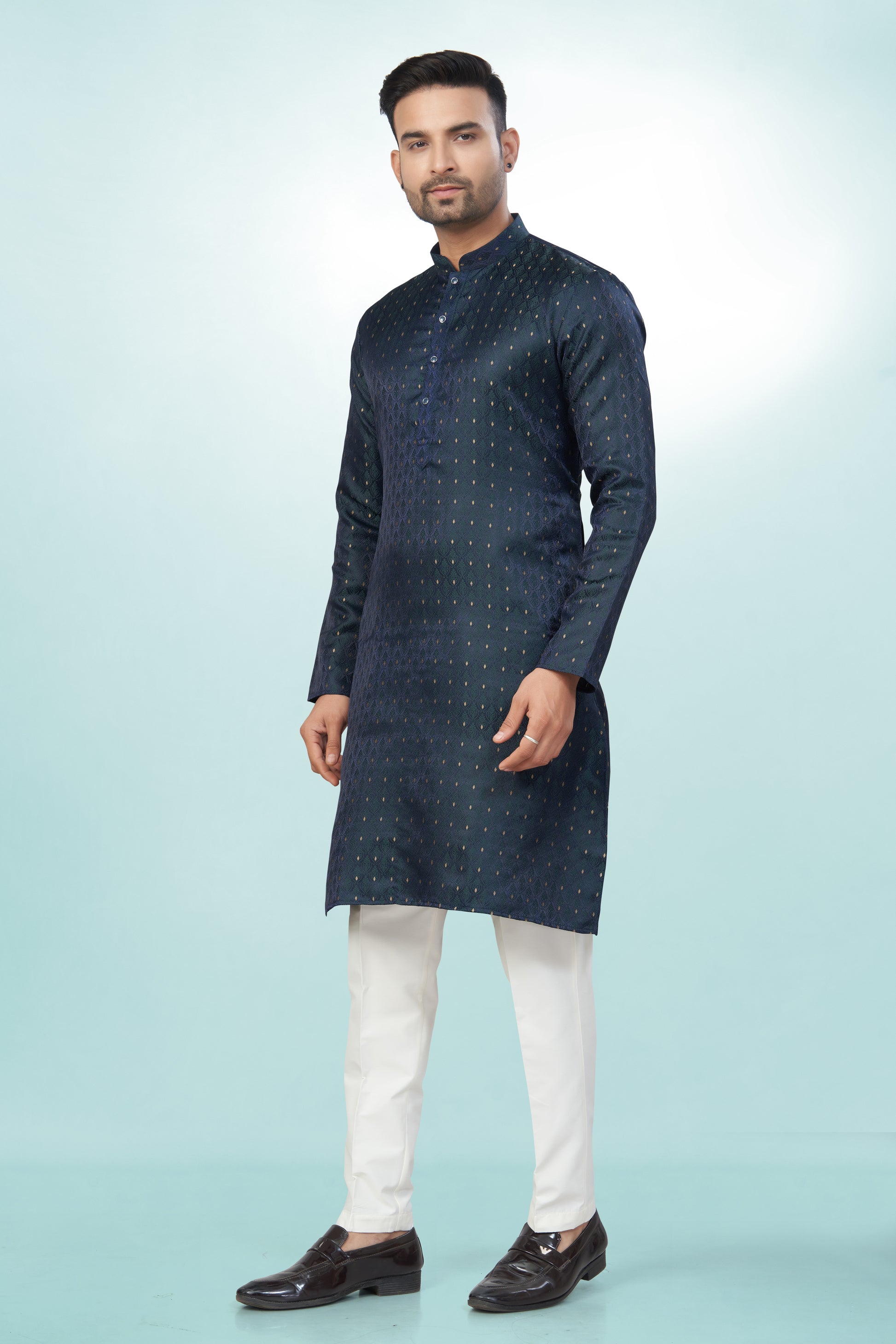 Self Design Bottle Green Silk Kurta For Men | Silk/ Self- Woven Work