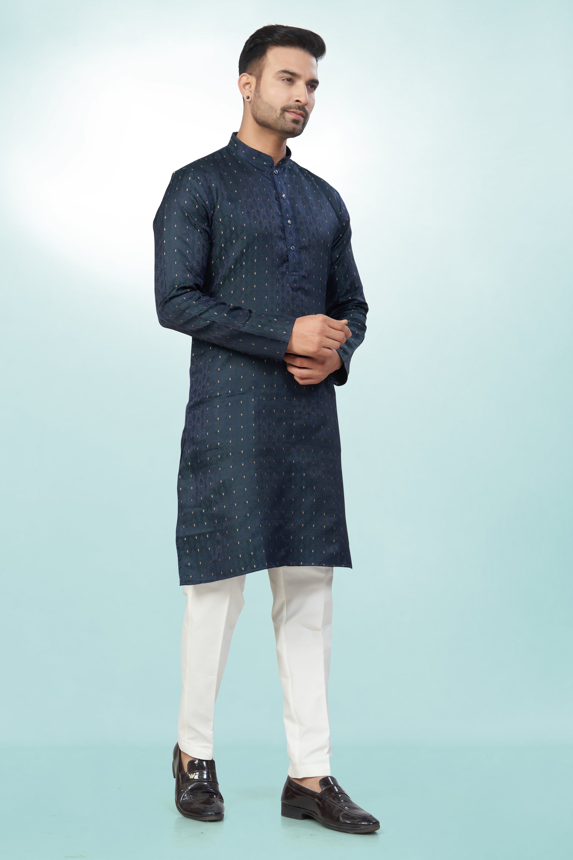 Self Design Bottle Green Silk Kurta For Men | Silk/ Self- Woven Work