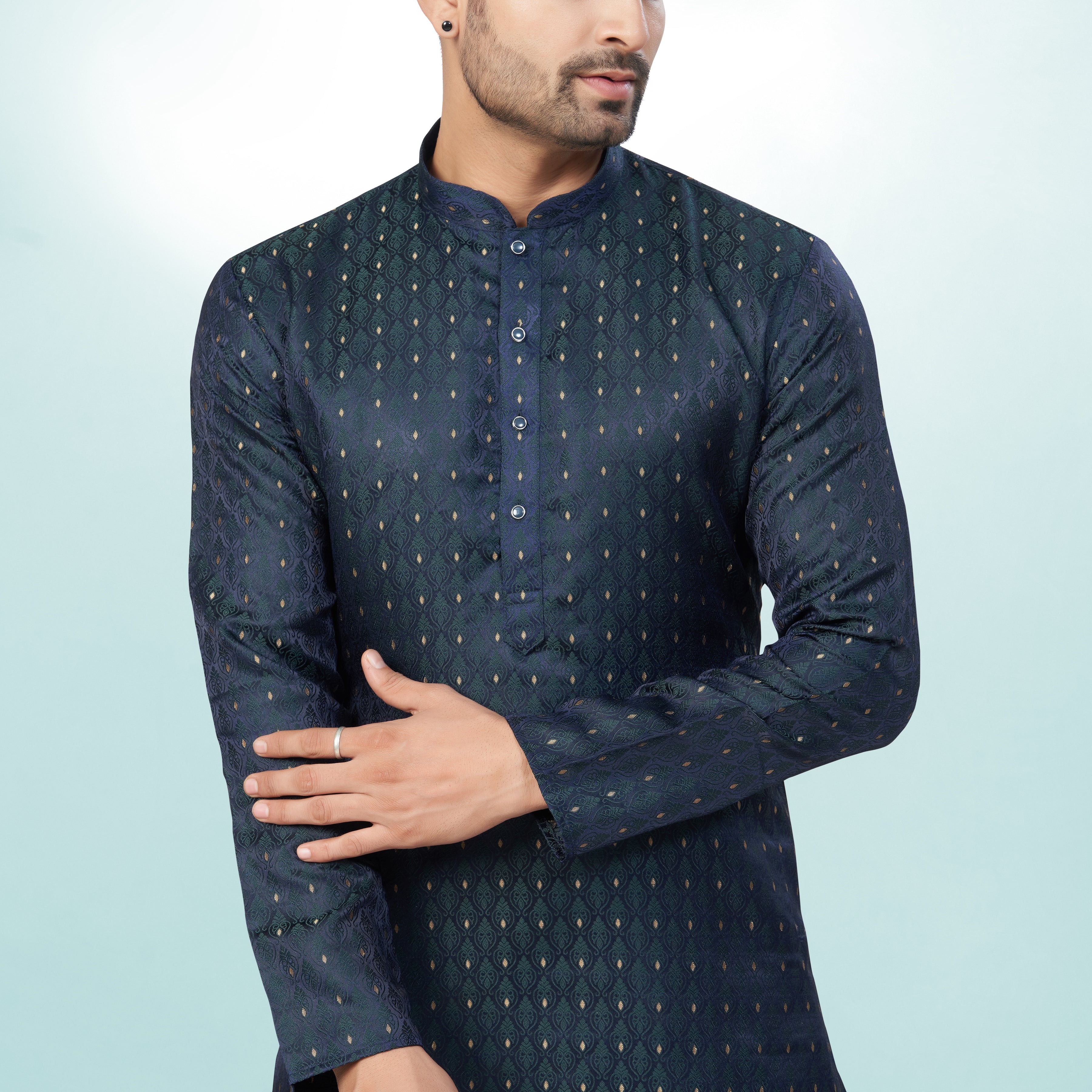 Self Design Bottle Green Silk Kurta For Men | Silk/ Self- Woven Work