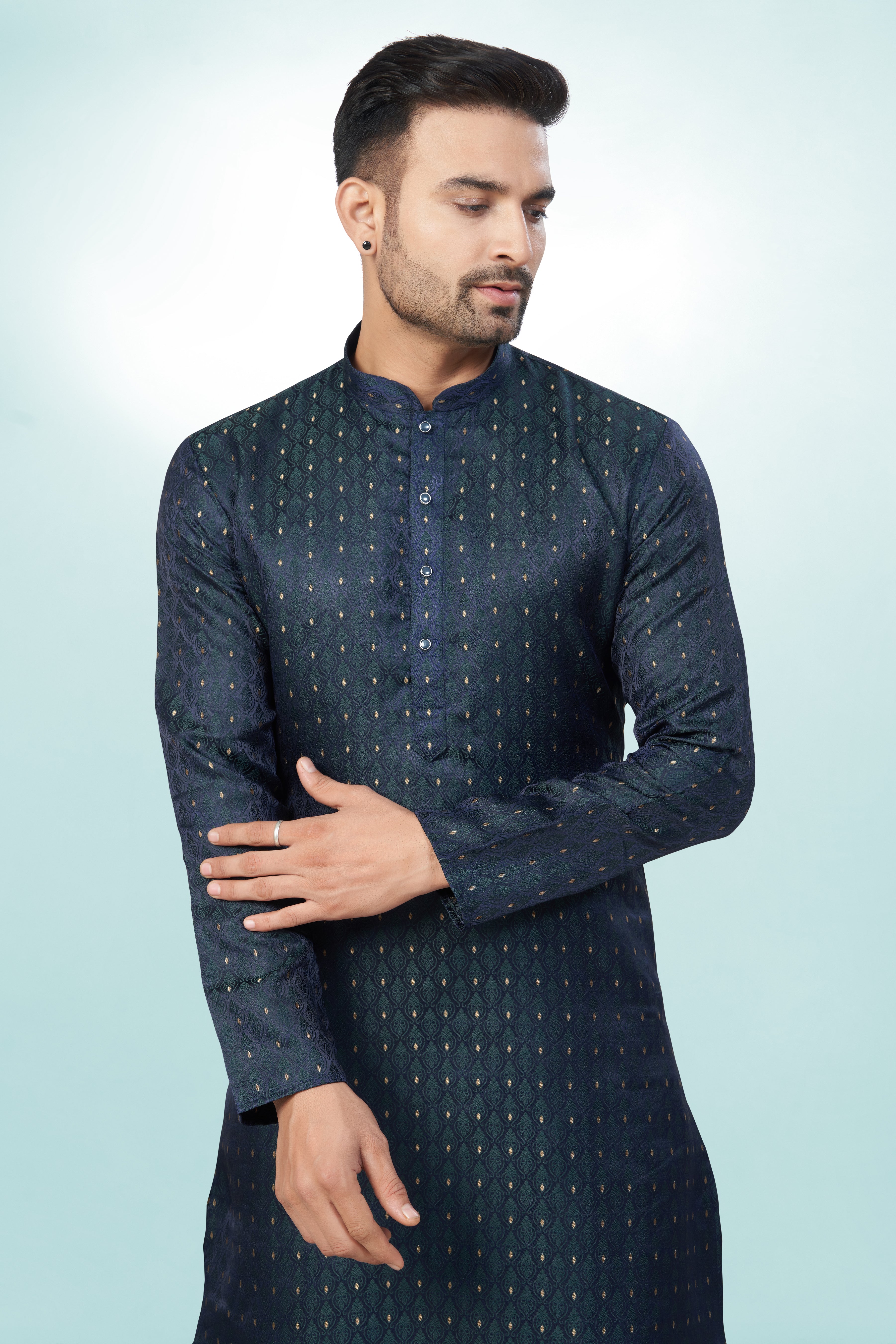 Self Design Bottle Green Silk Kurta For Men | Silk/ Self- Woven Work