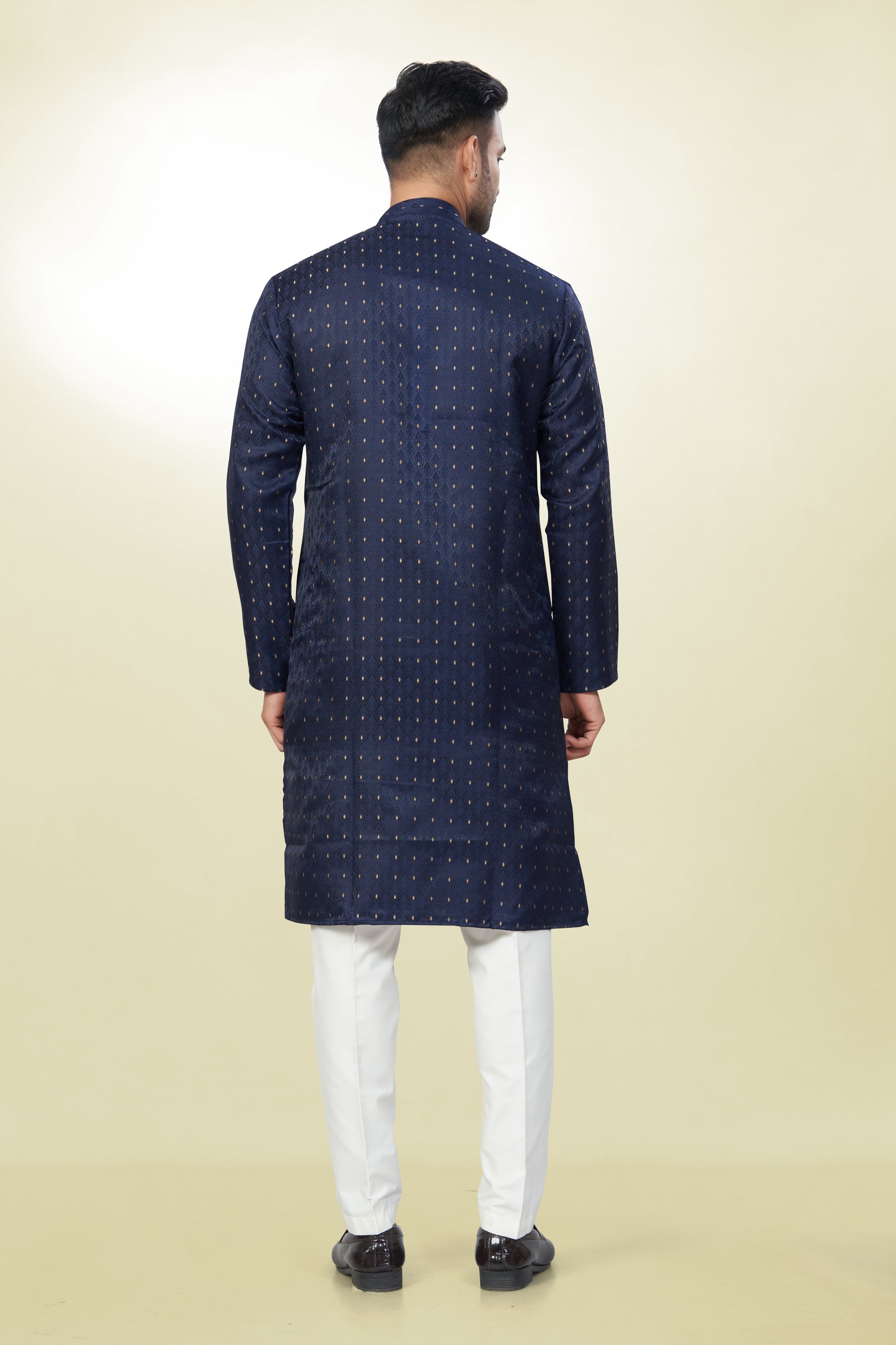 Self Design Navy Blue Silk Kurta | Silk/ Self- Woven Work