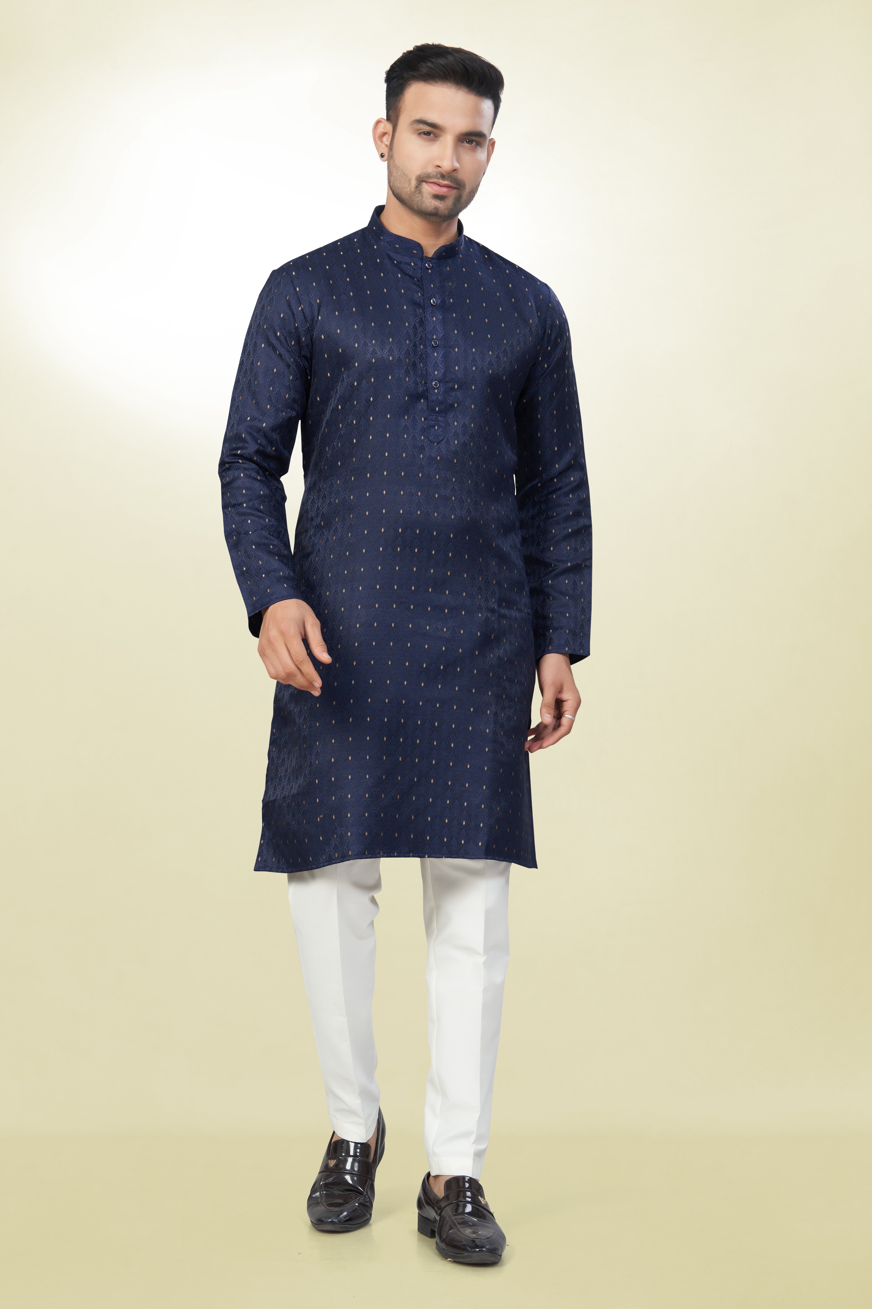 Self Design Navy Blue Silk Kurta | Silk/ Self- Woven Work