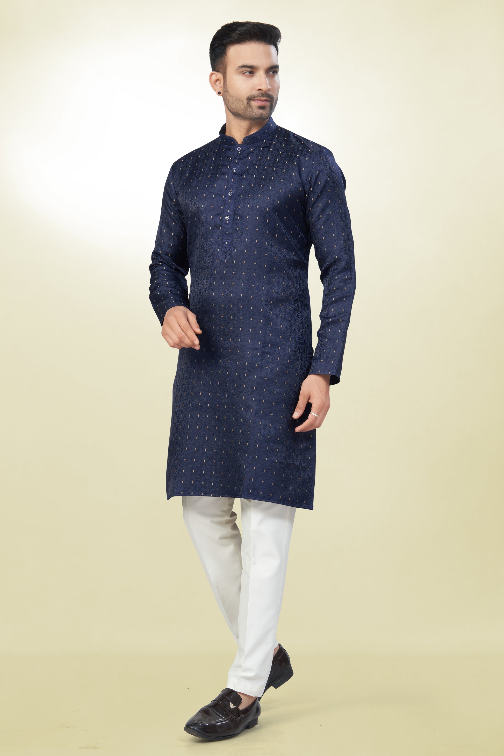 Self Design Navy Blue Silk Kurta | Silk/ Self- Woven Work