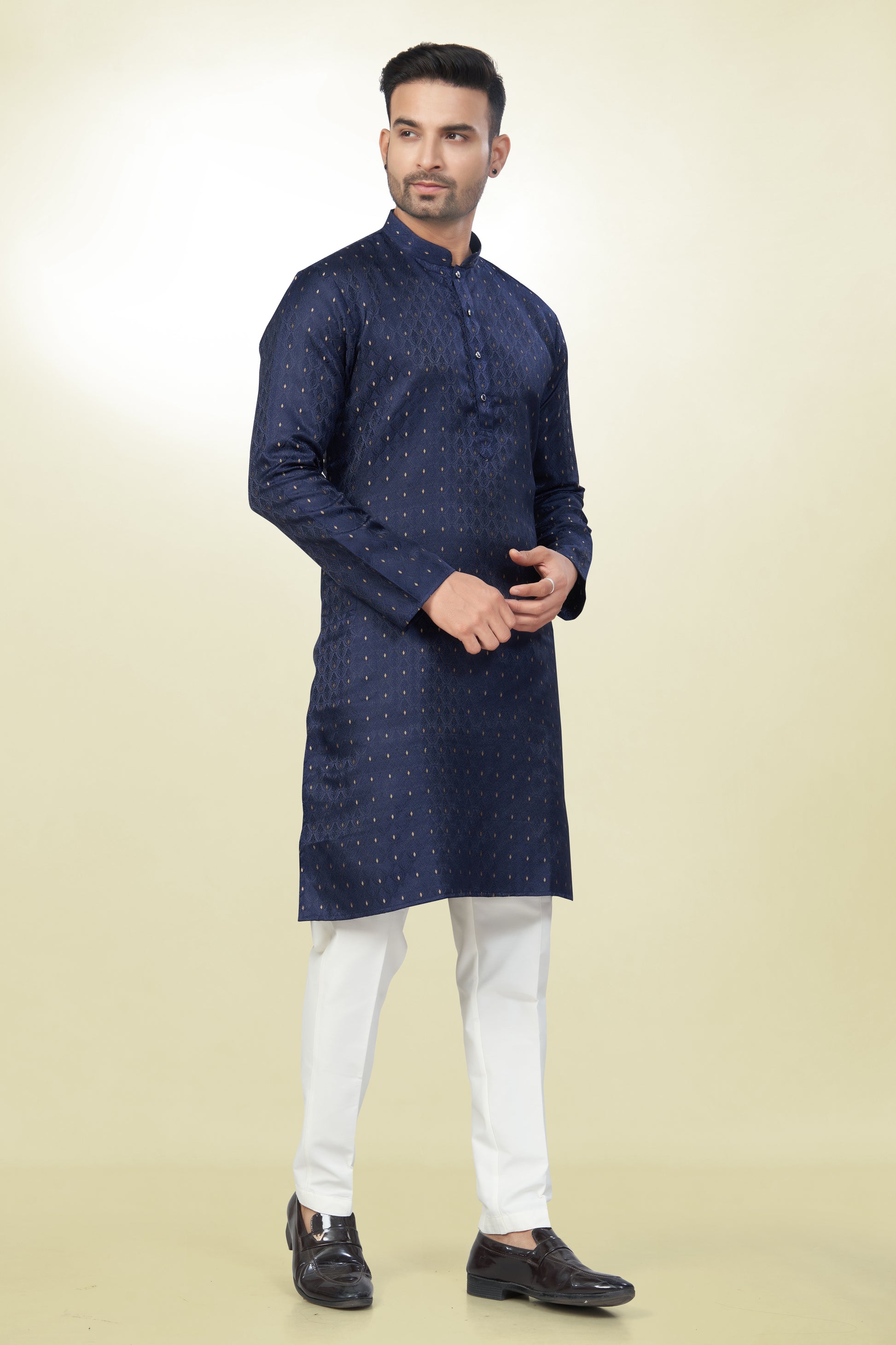Self Design Navy Blue Silk Kurta | Silk/ Self- Woven Work