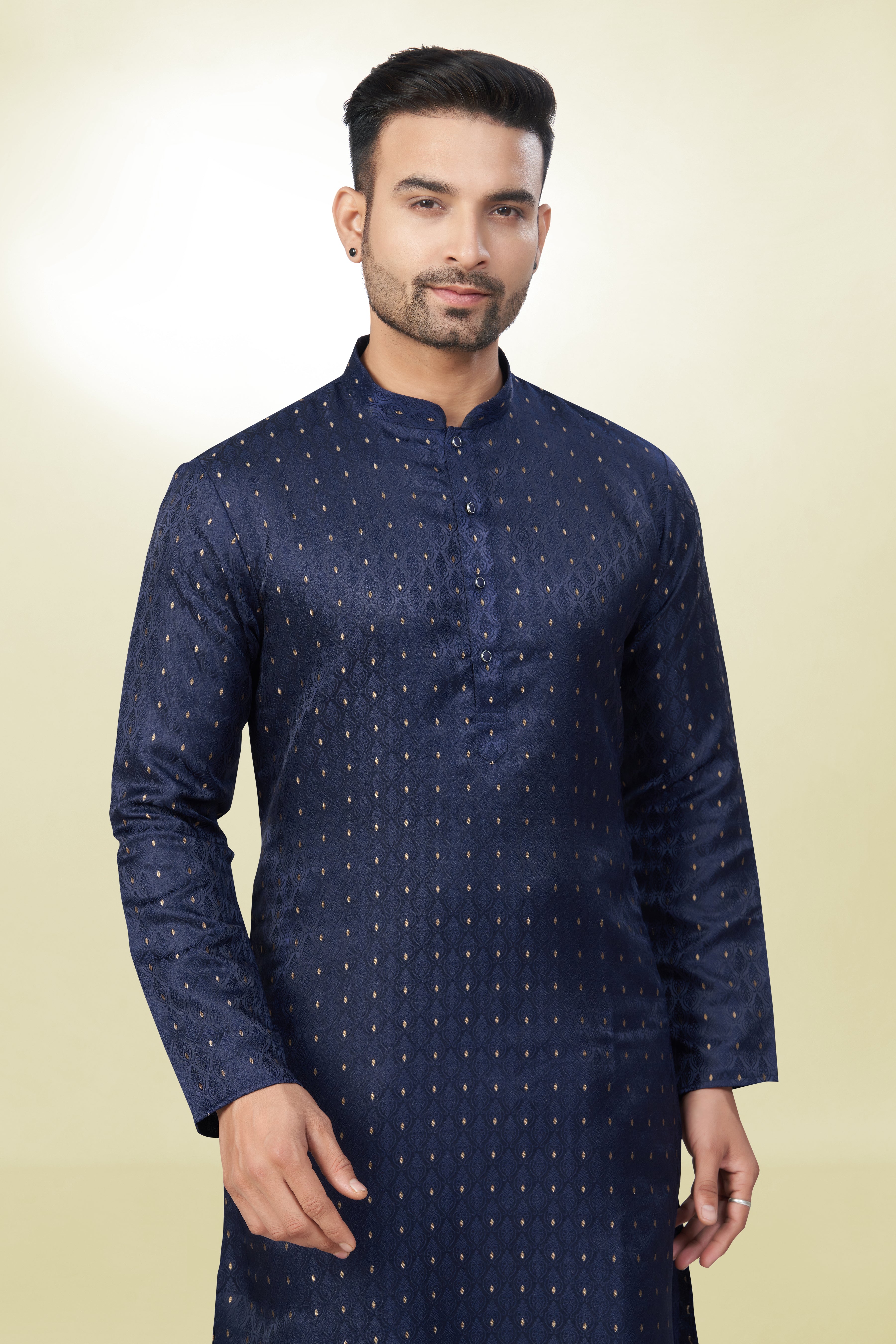 Self Design Navy Blue Silk Kurta | Silk/ Self- Woven Work