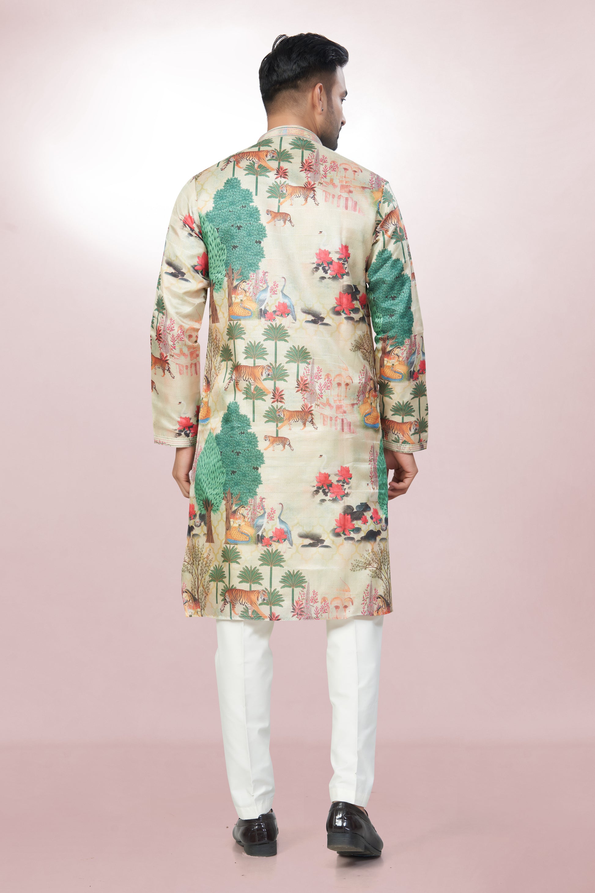 Ivory Wildlife Scene Kurta for men