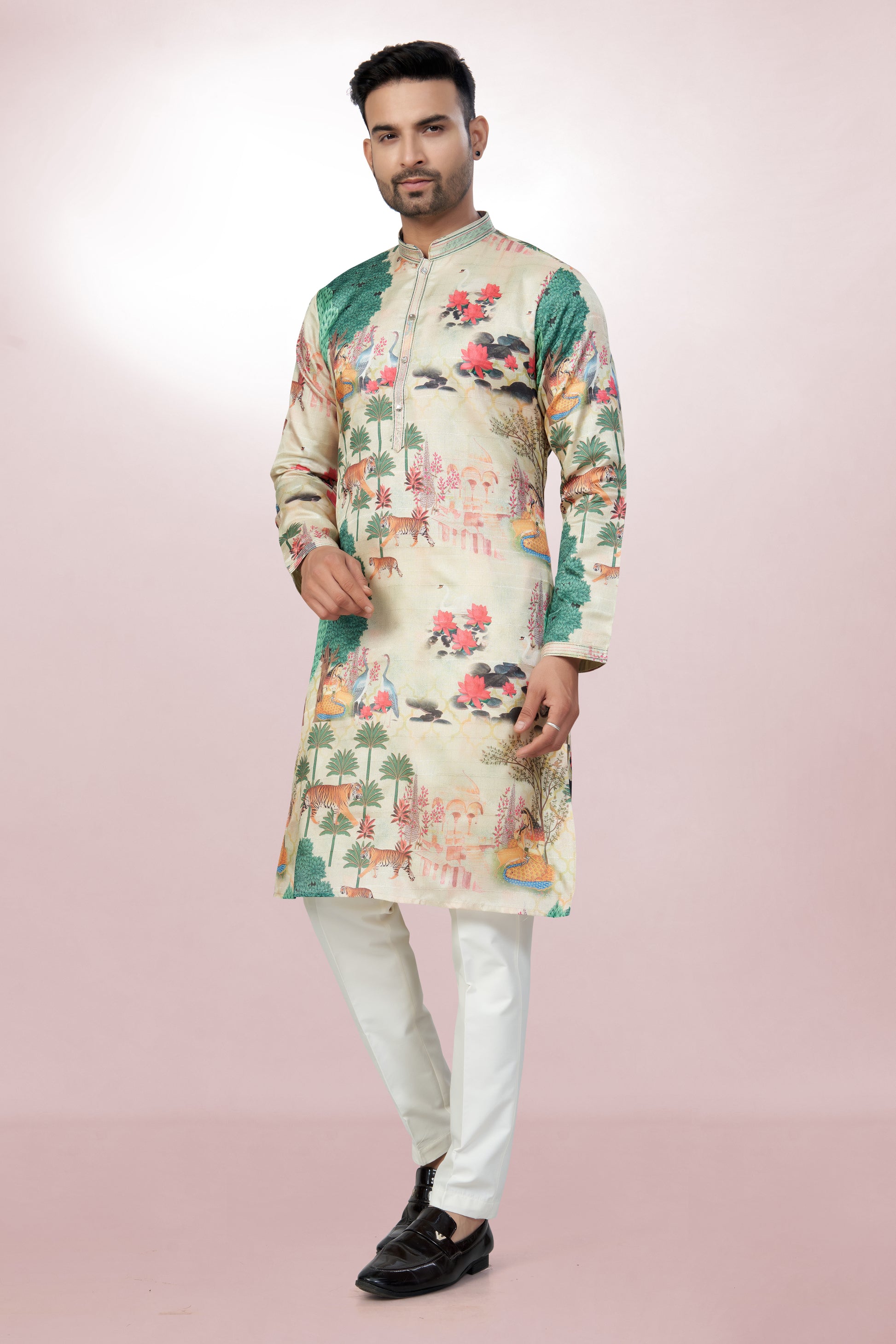 Ivory Wildlife Scene Kurta for men