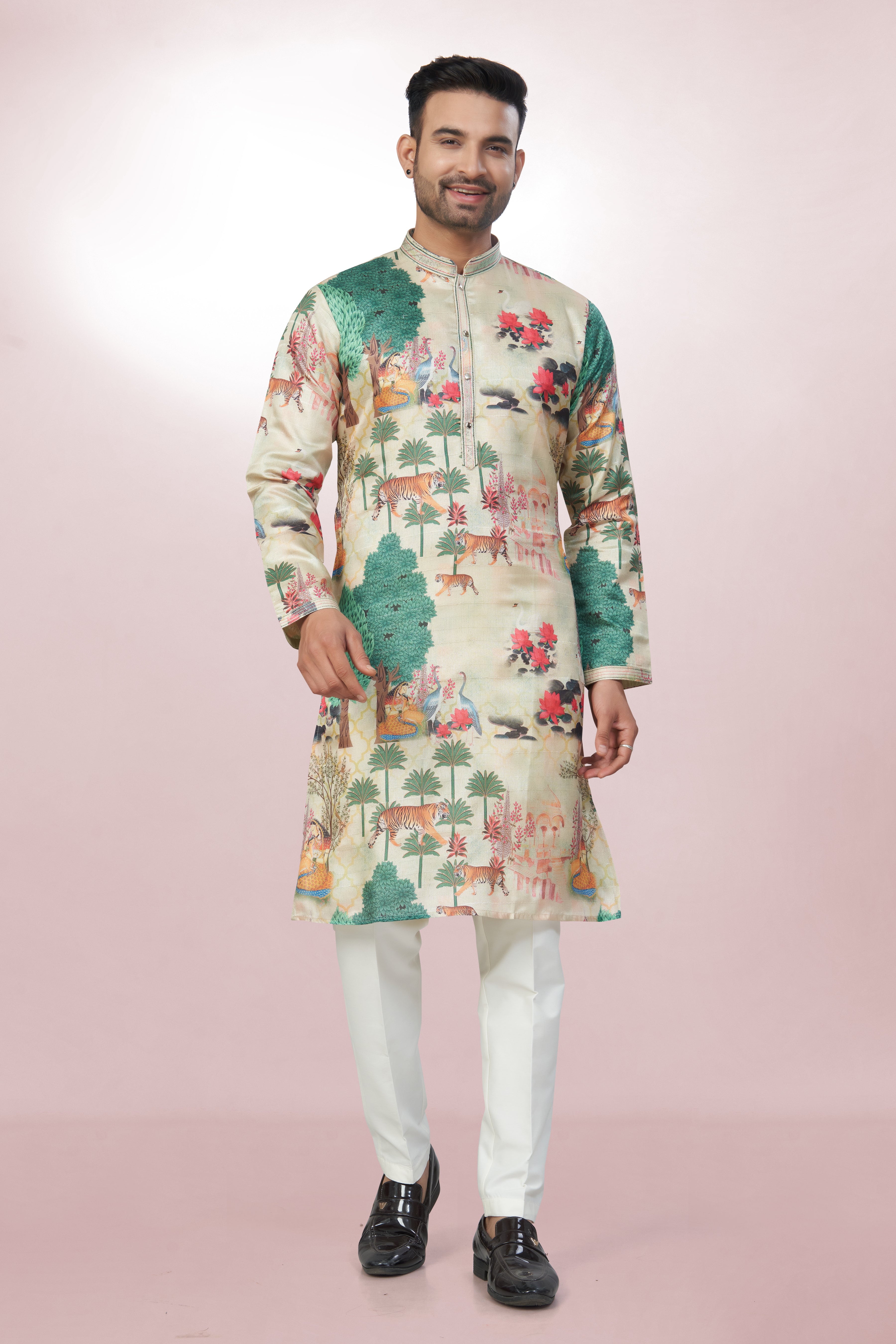 Ivory Wildlife Scene Kurta for men
