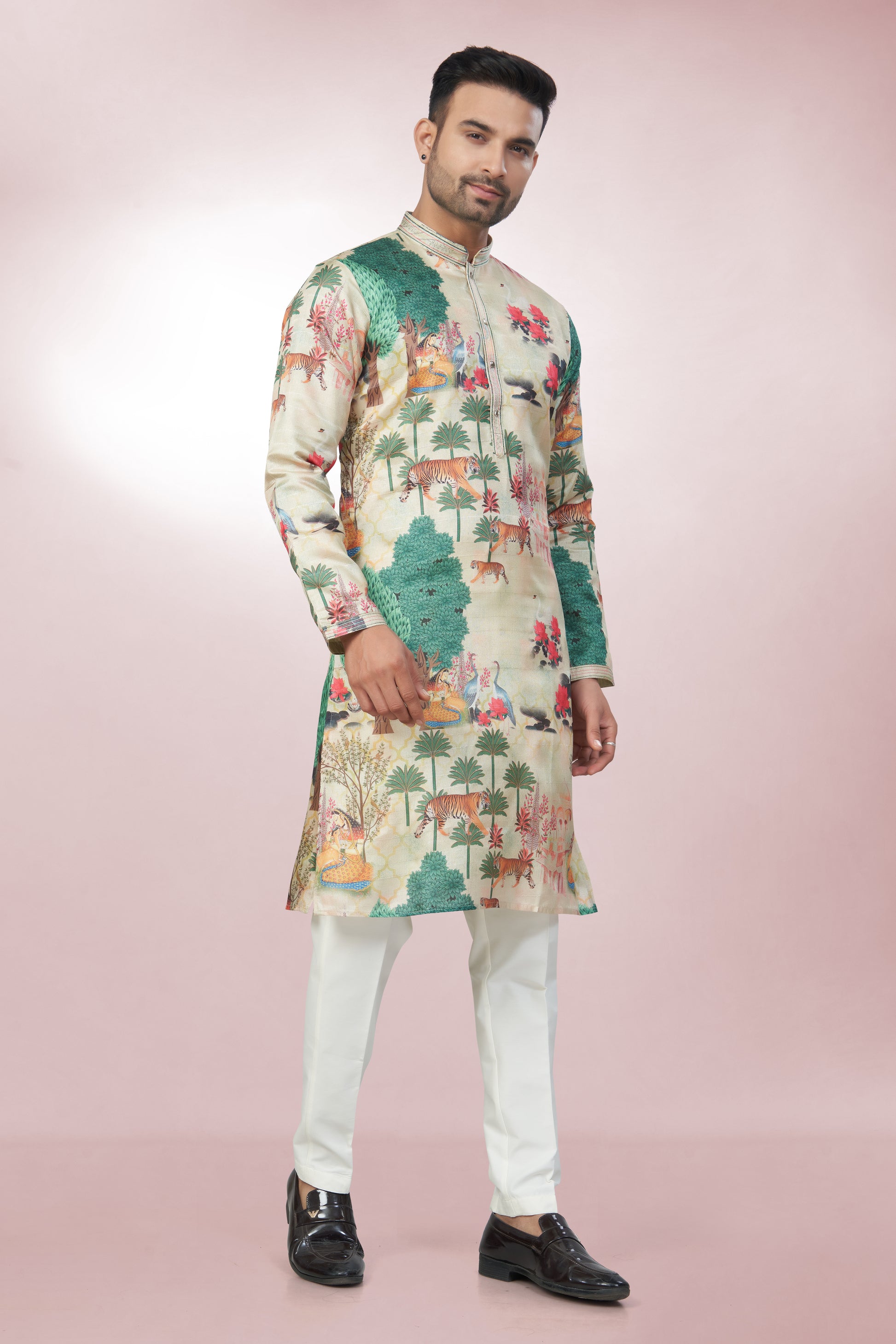 Ivory Wildlife Scene Kurta for men