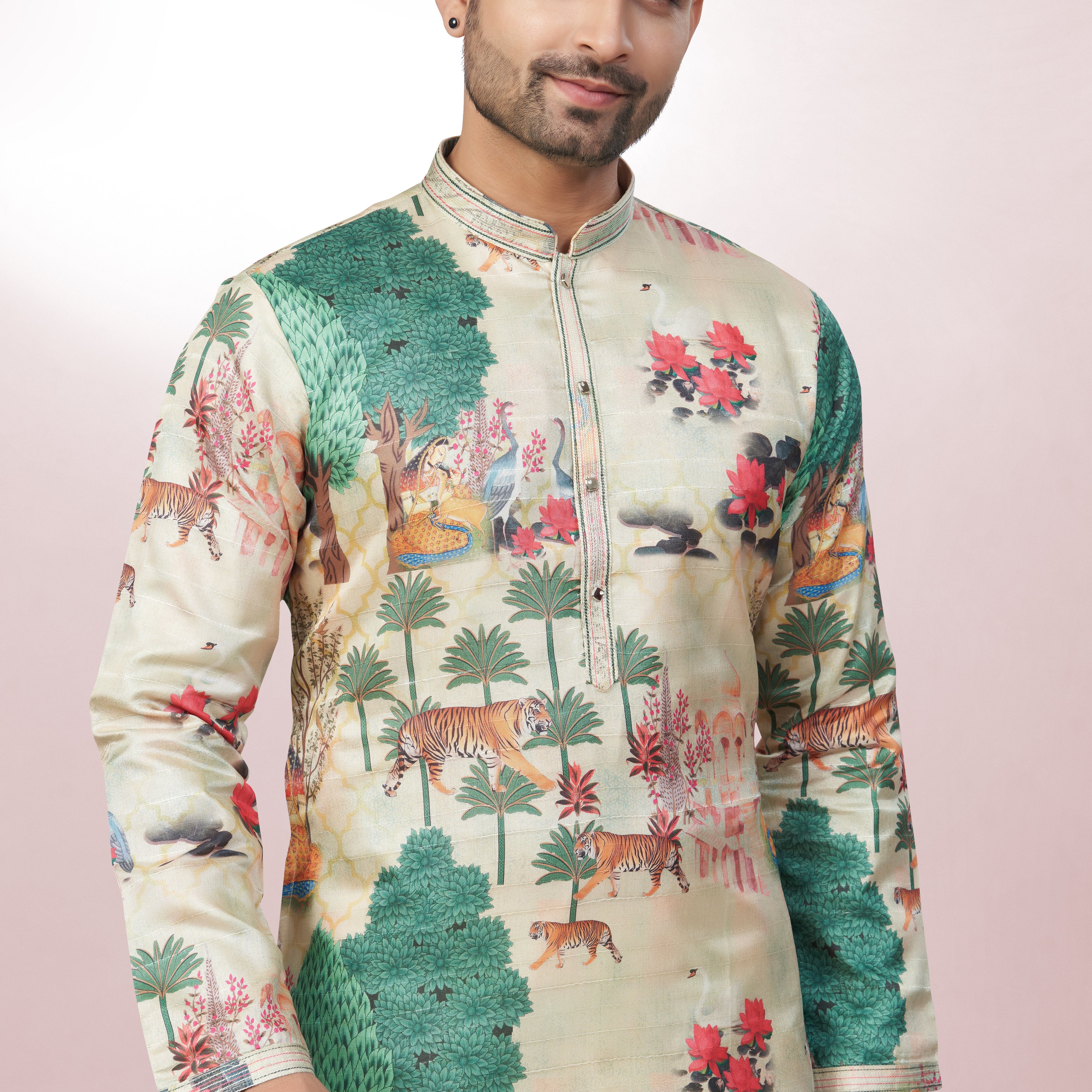Ivory Wildlife Scene Kurta for men
