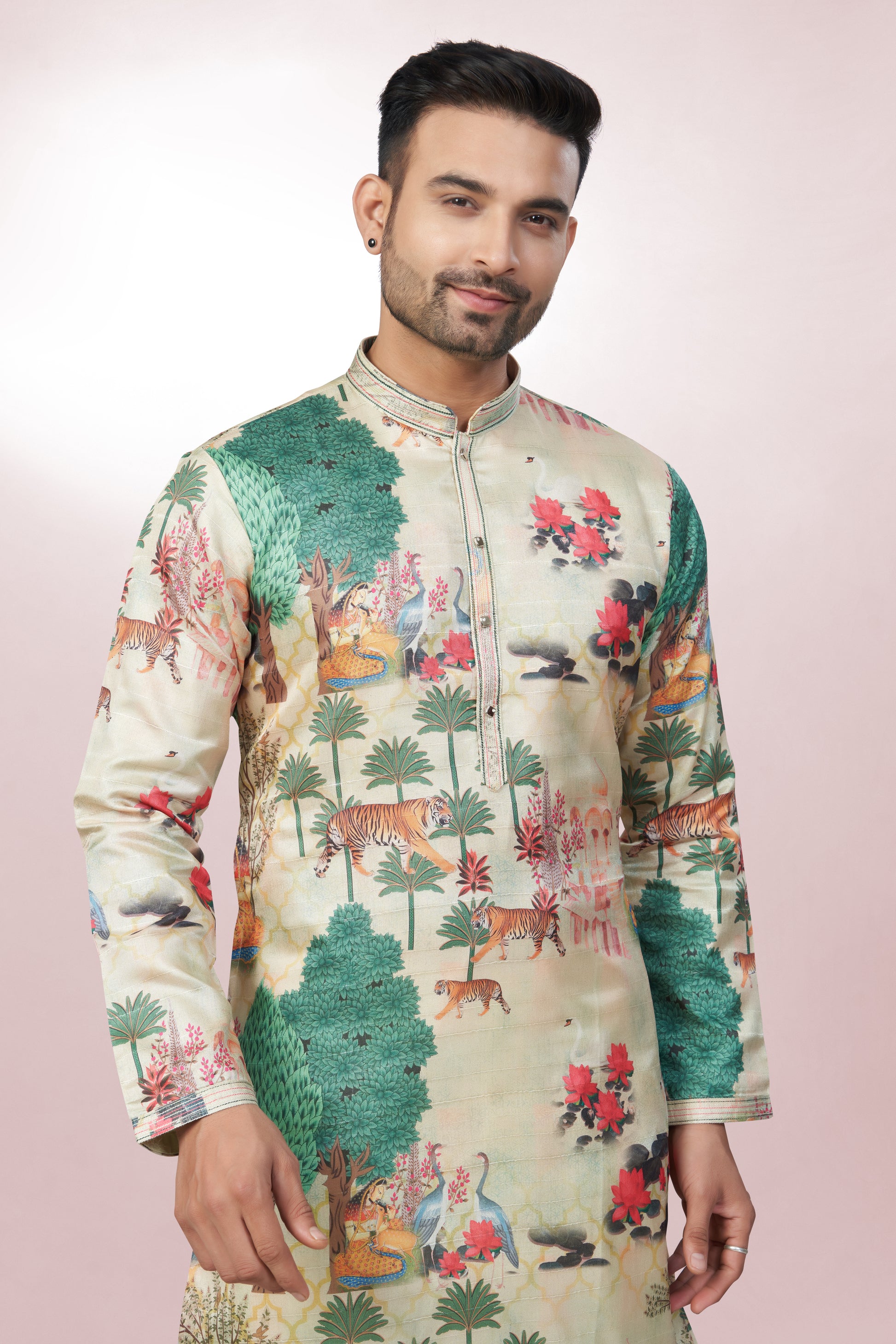 Ivory Wildlife Scene Kurta for men