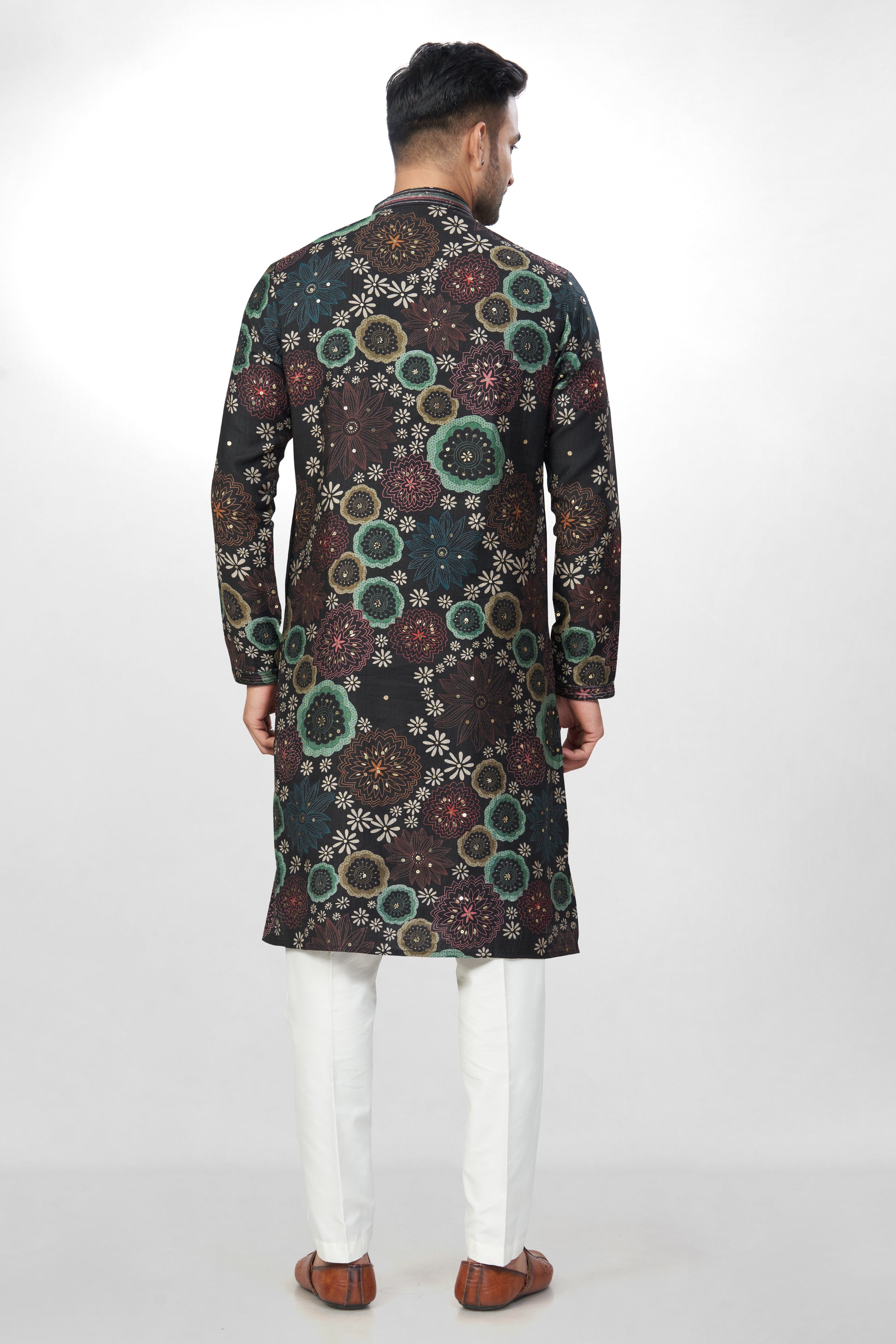 Dark Base Floral Print Embroidered Kurta for Men