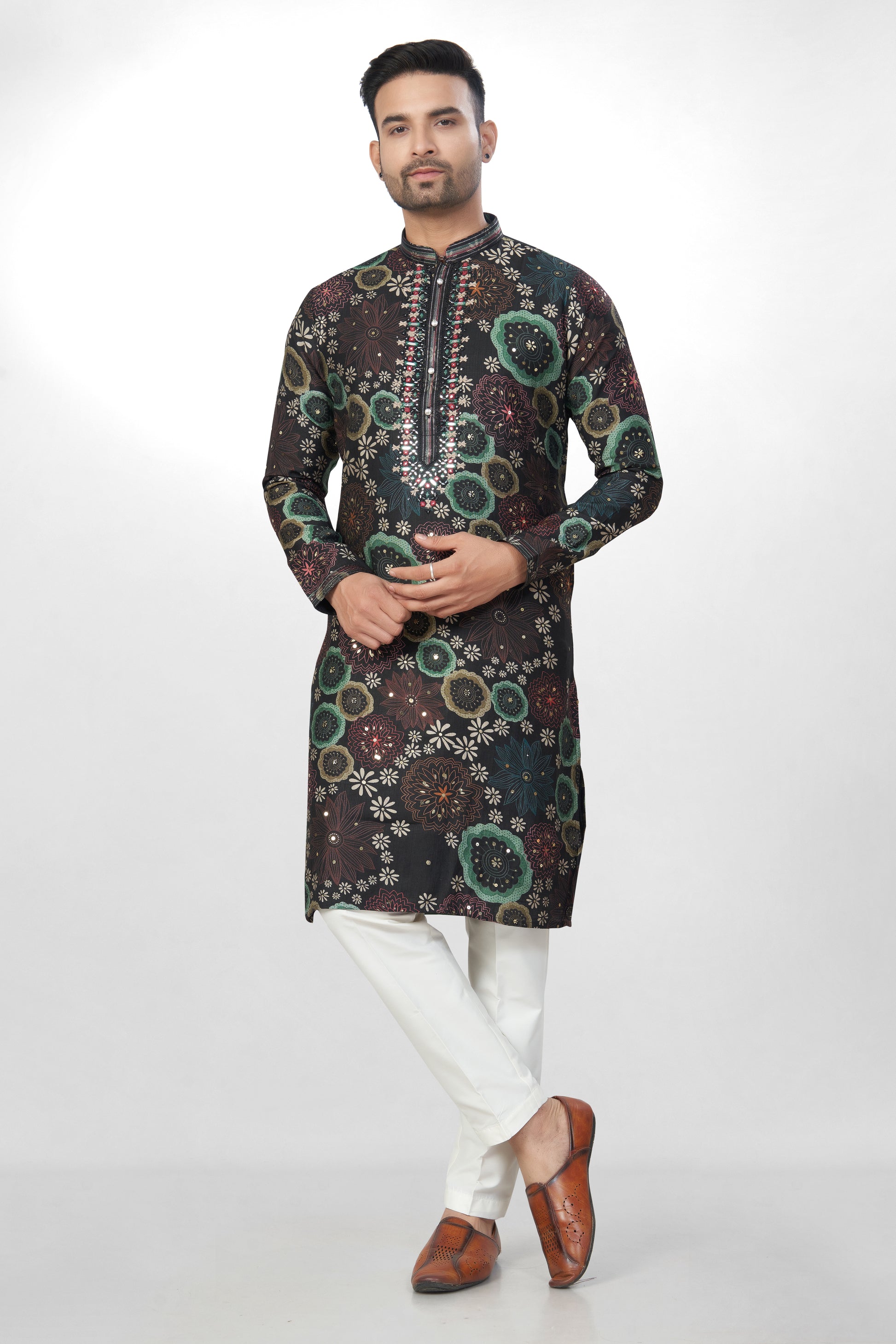 Dark Base Floral Print Embroidered Kurta for Men