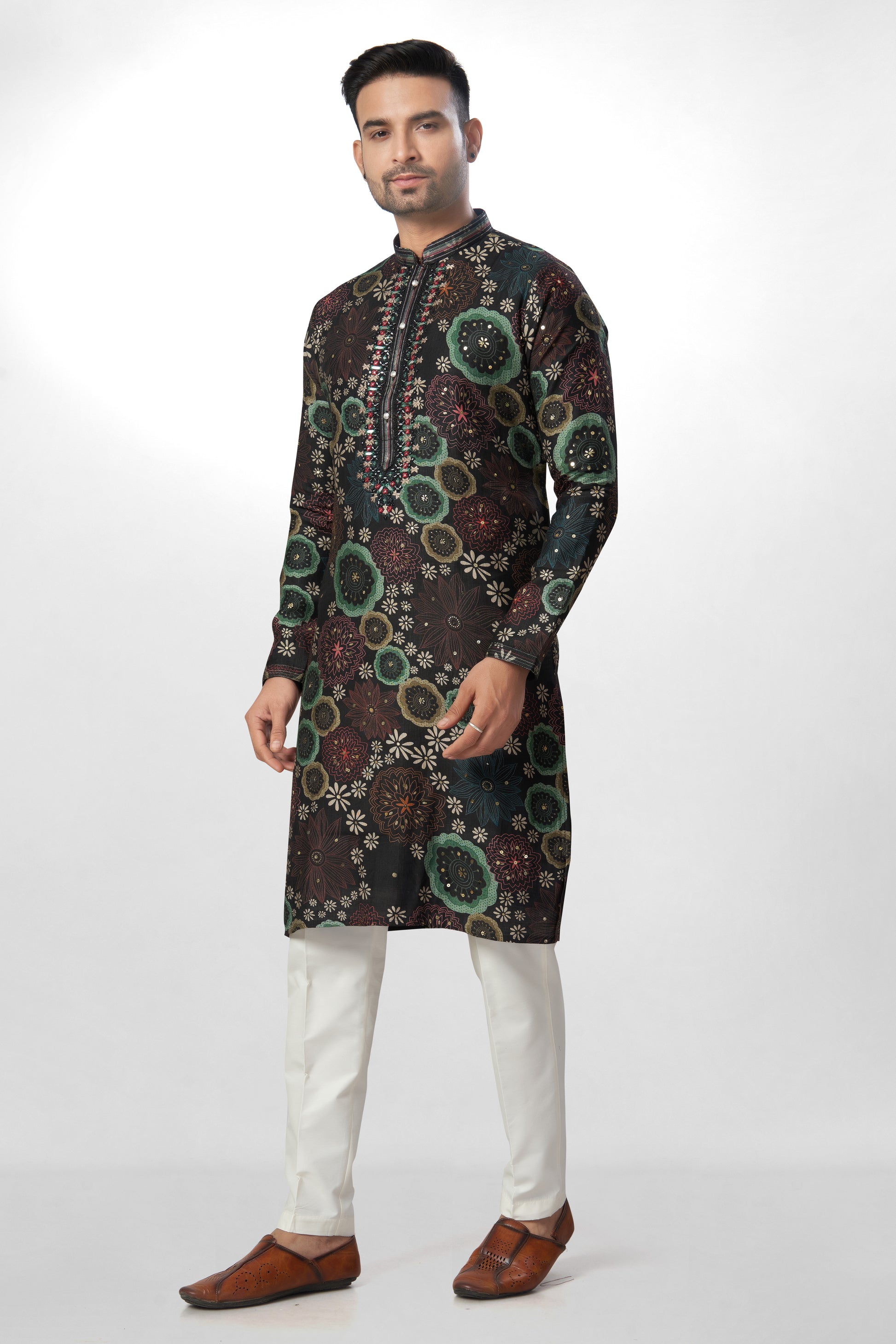 Dark Base Floral Print Embroidered Kurta for Men
