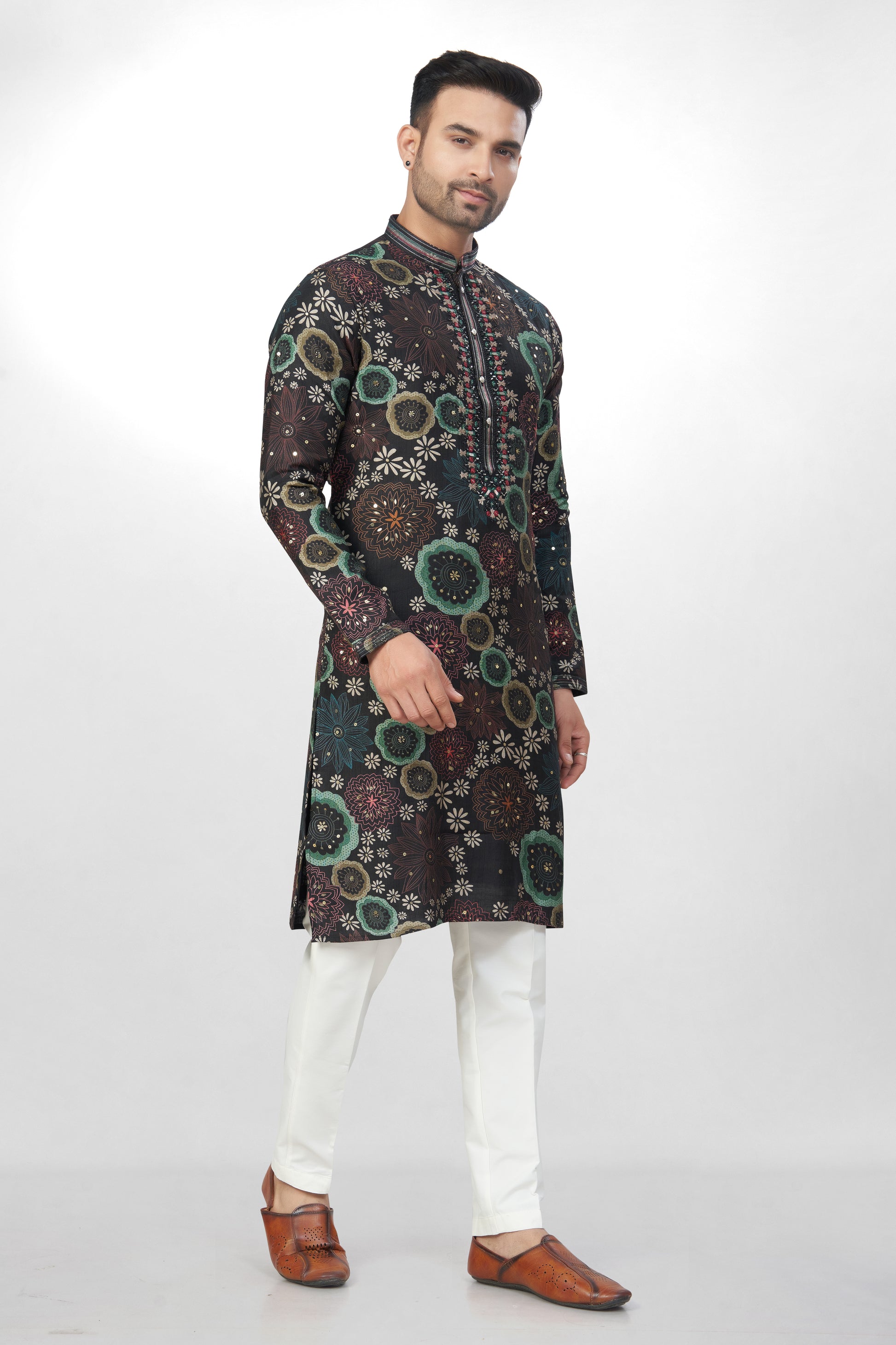 Dark Base Floral Print Embroidered Kurta for Men