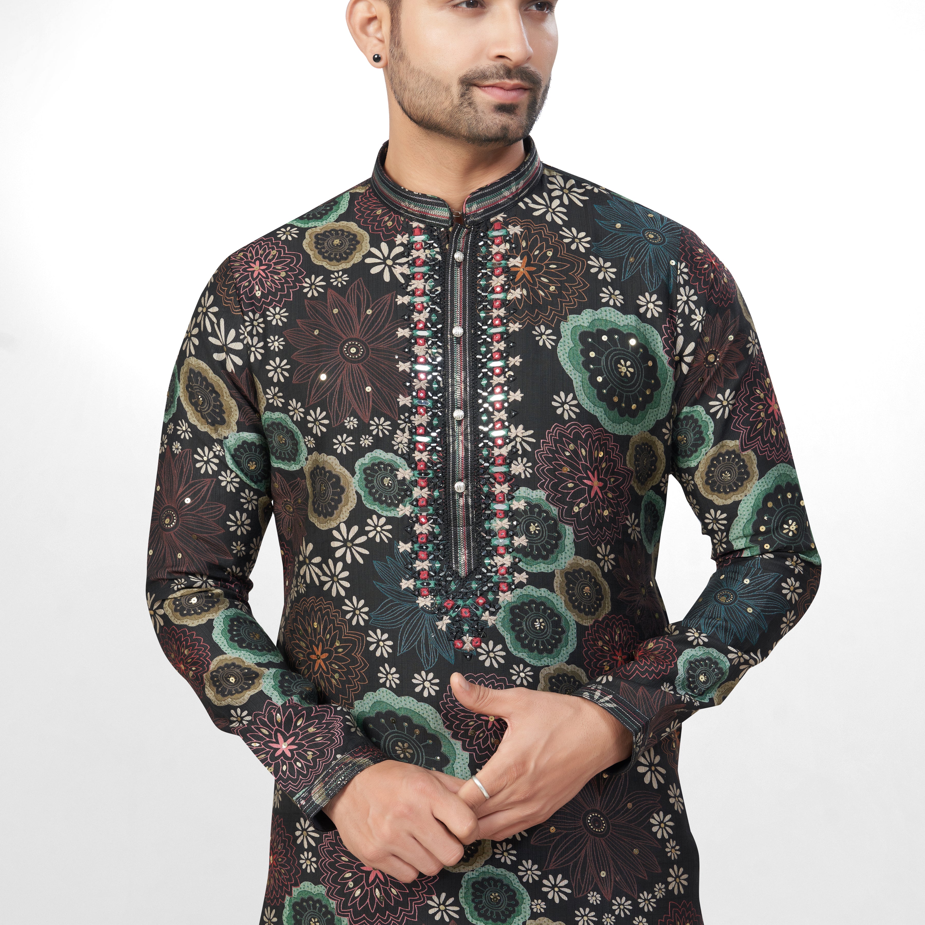 Dark Base Floral Print Embroidered Kurta for Men