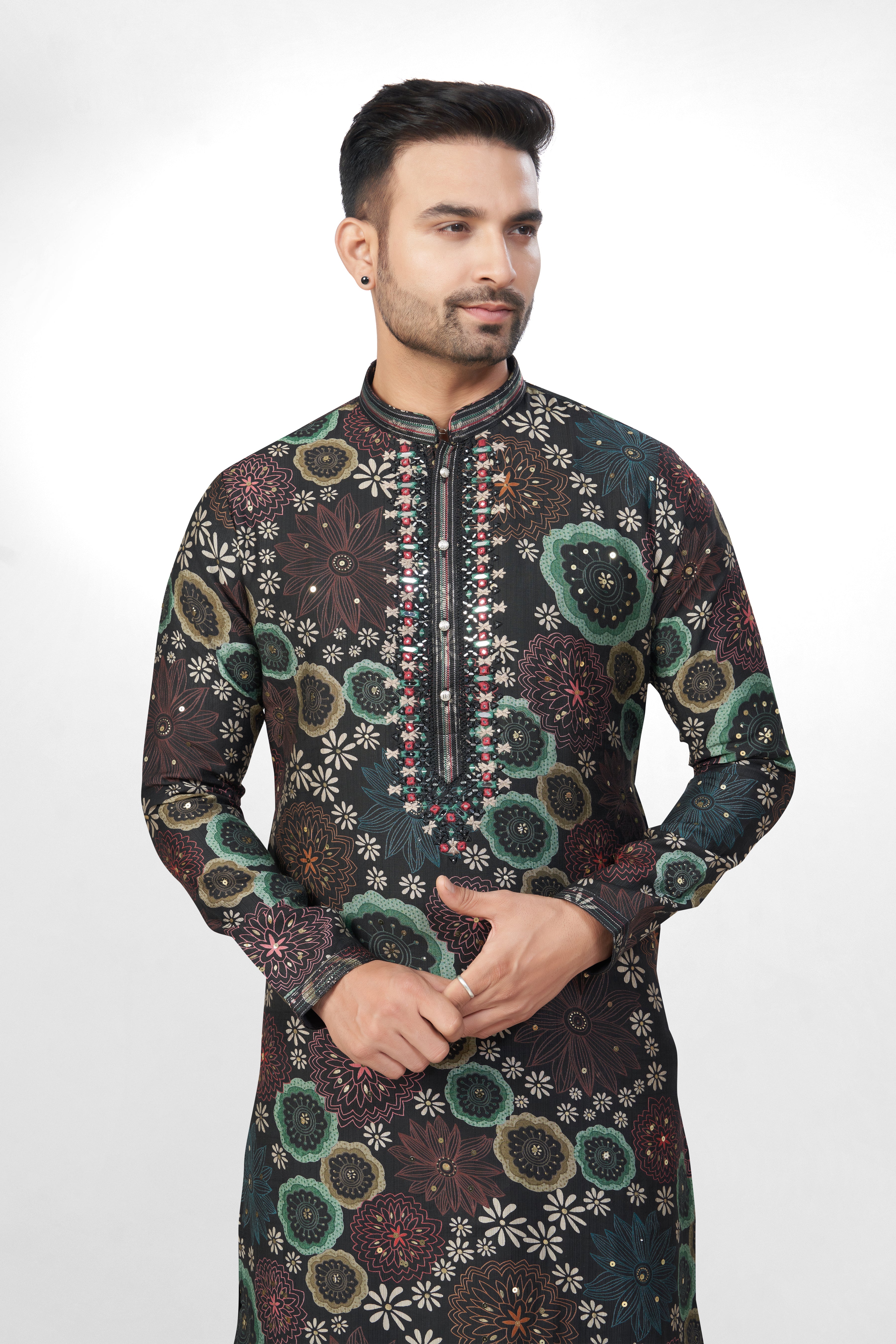 Dark Base Floral Print Embroidered Kurta for Men