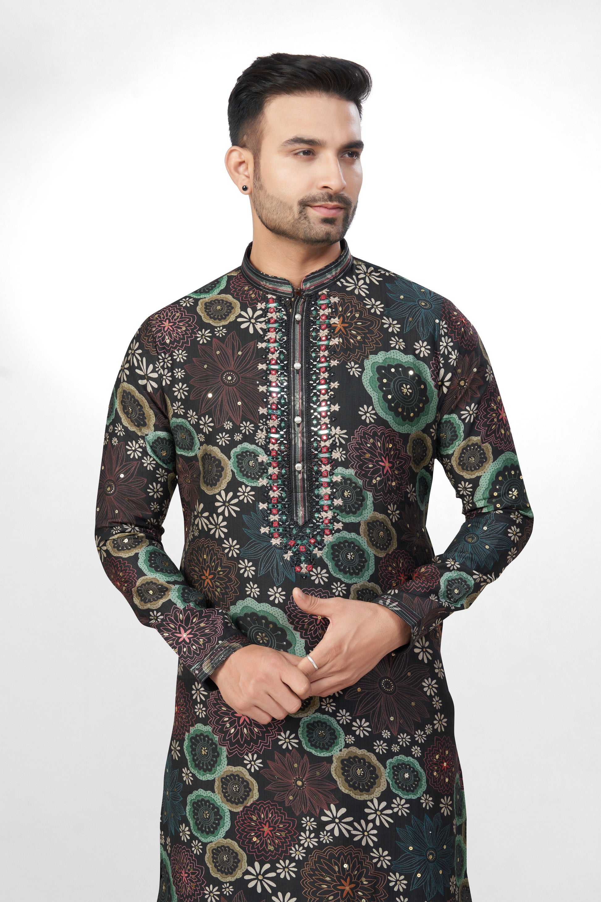 Dark Base Floral Print Embroidered Kurta for Men