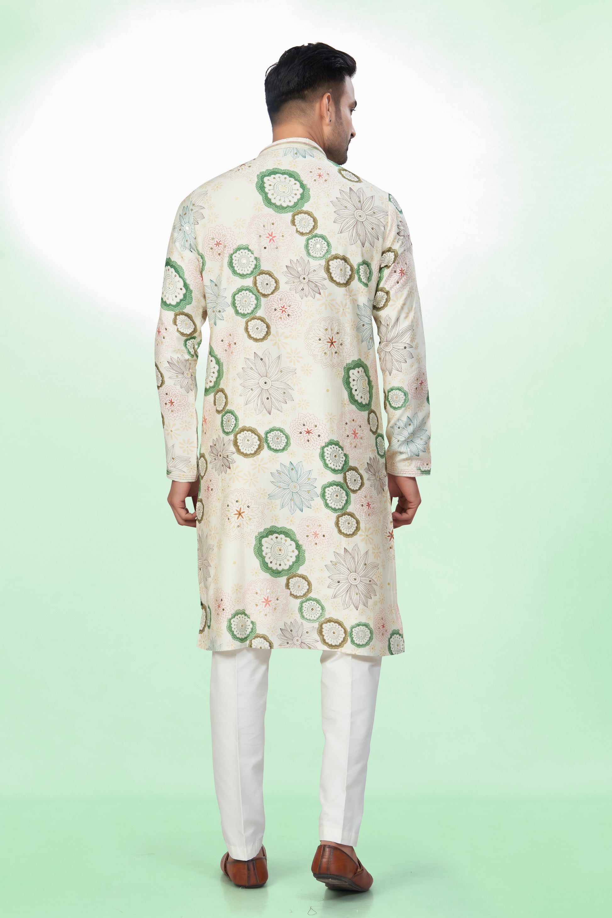 Light Base Floral Embroidered Kurta For Men