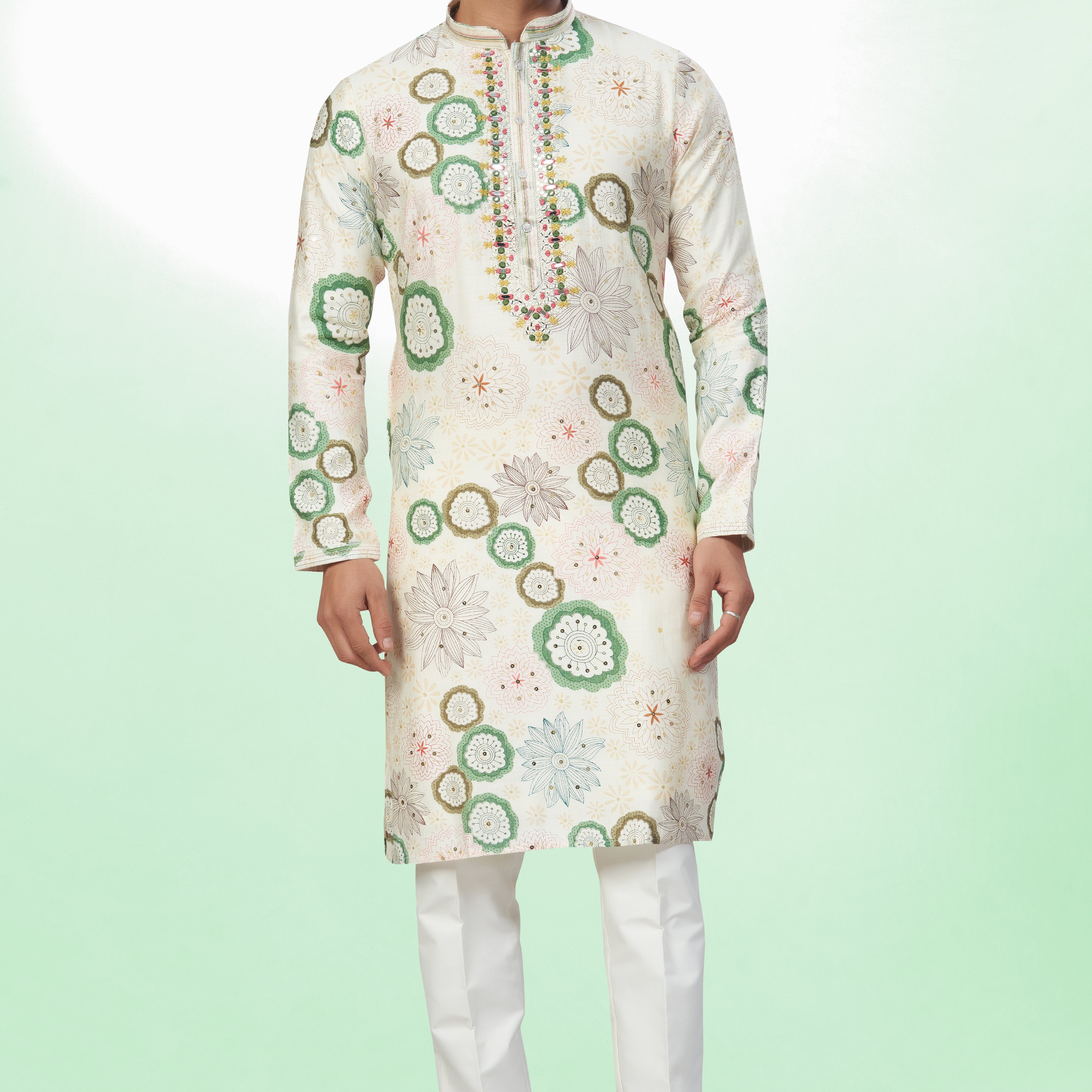 Light Base Floral Embroidered Kurta For Men