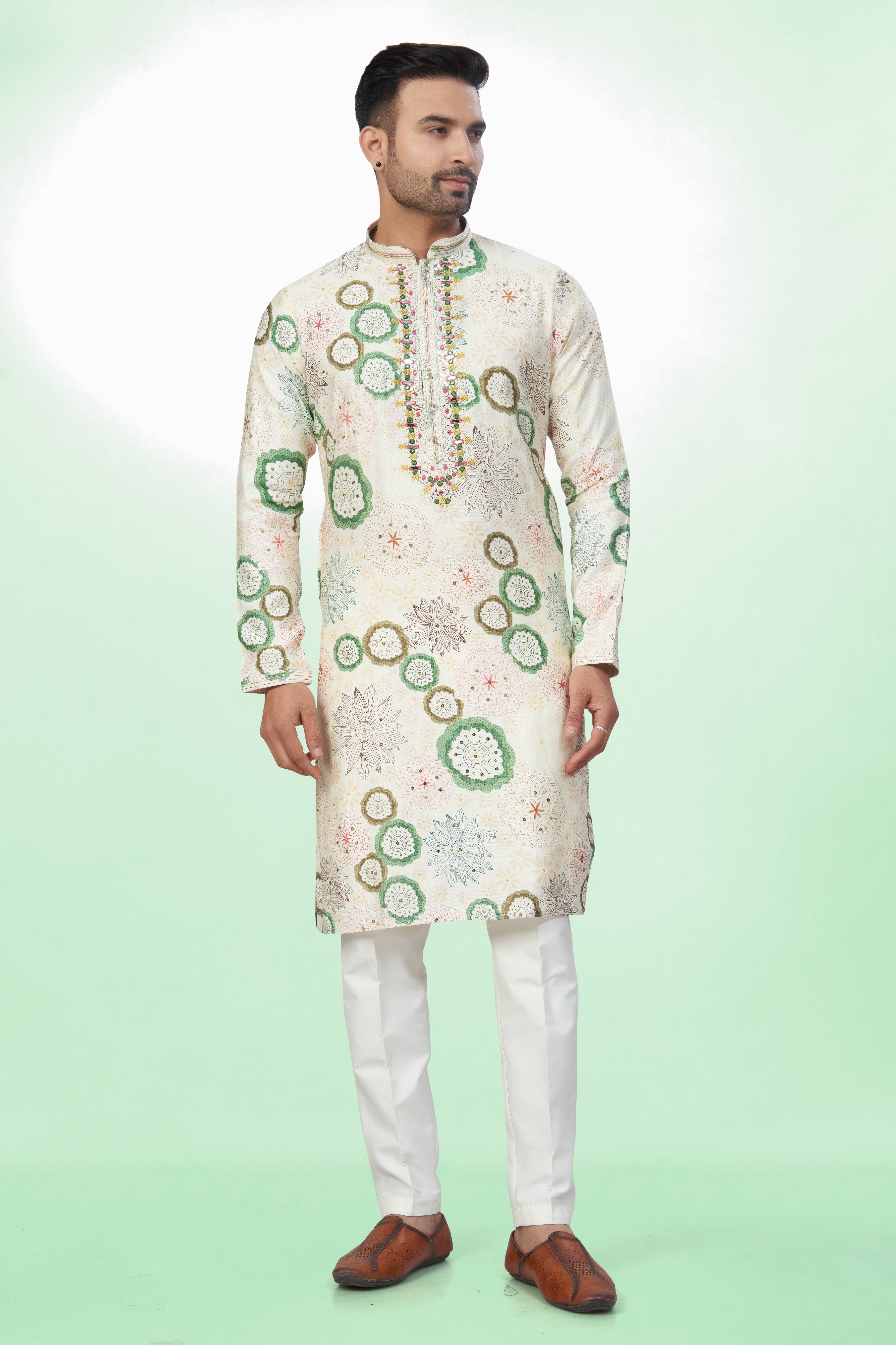 Light Base Floral Embroidered Kurta For Men