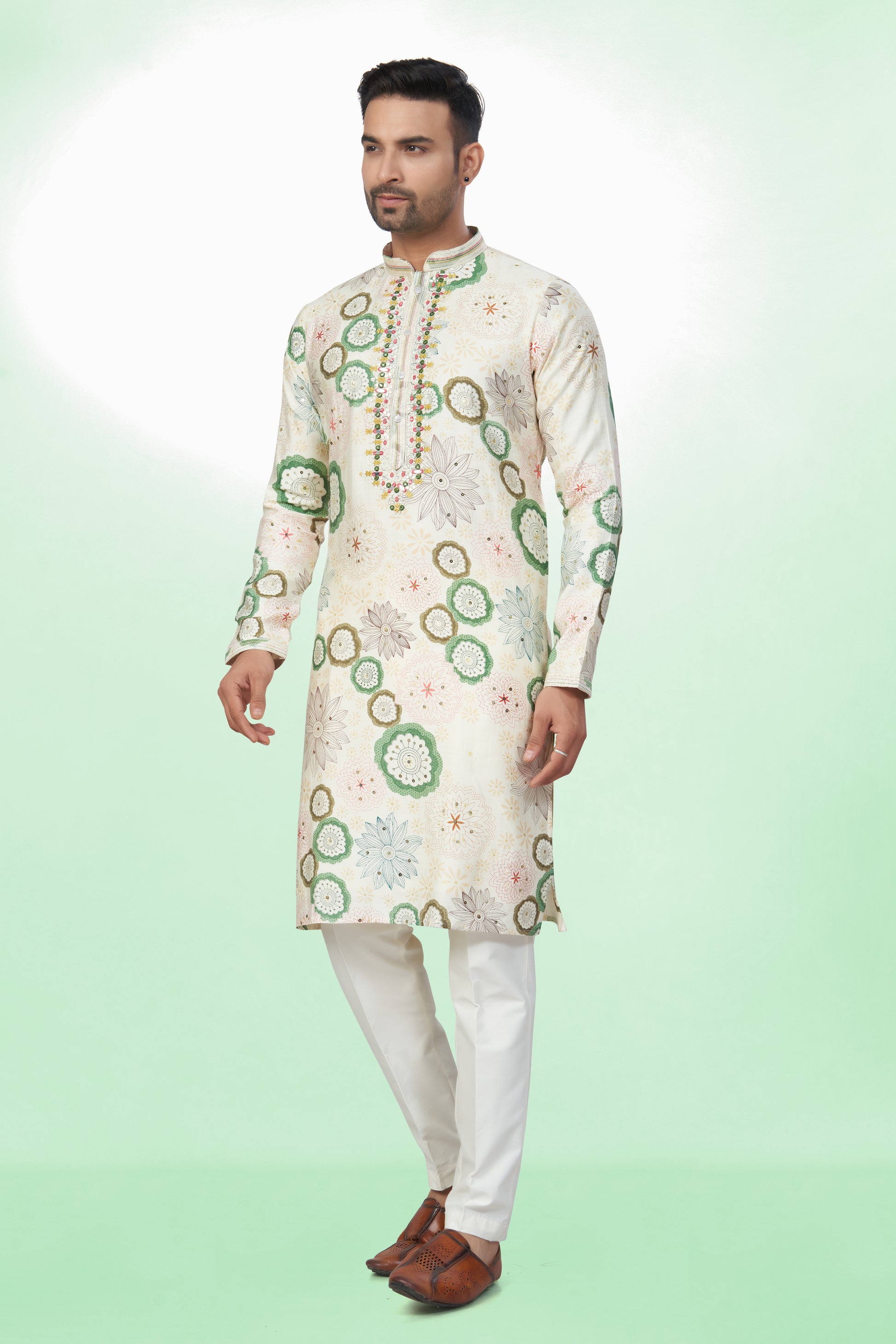 Light Base Floral Embroidered Kurta For Men