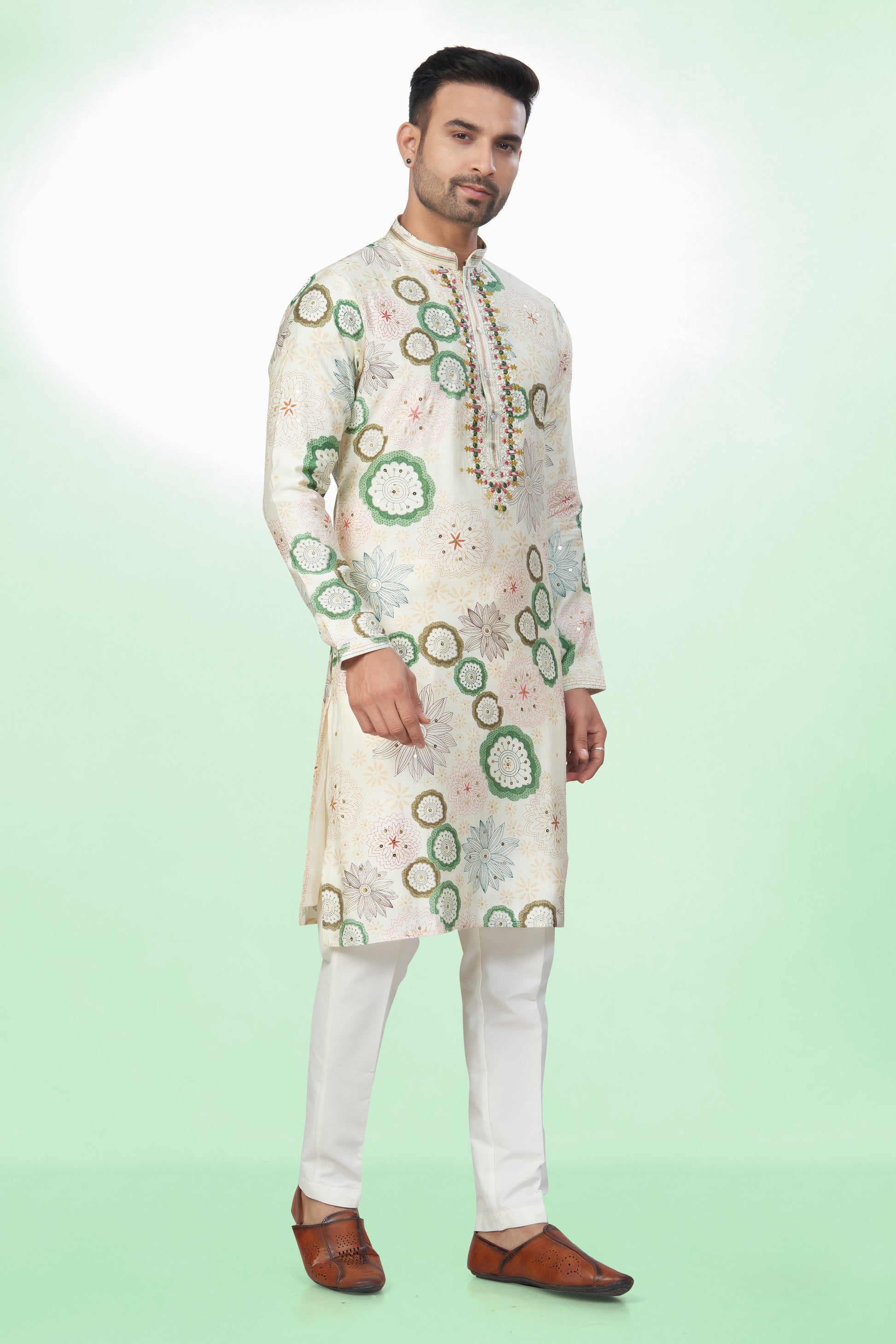 Light Base Floral Embroidered Kurta For Men