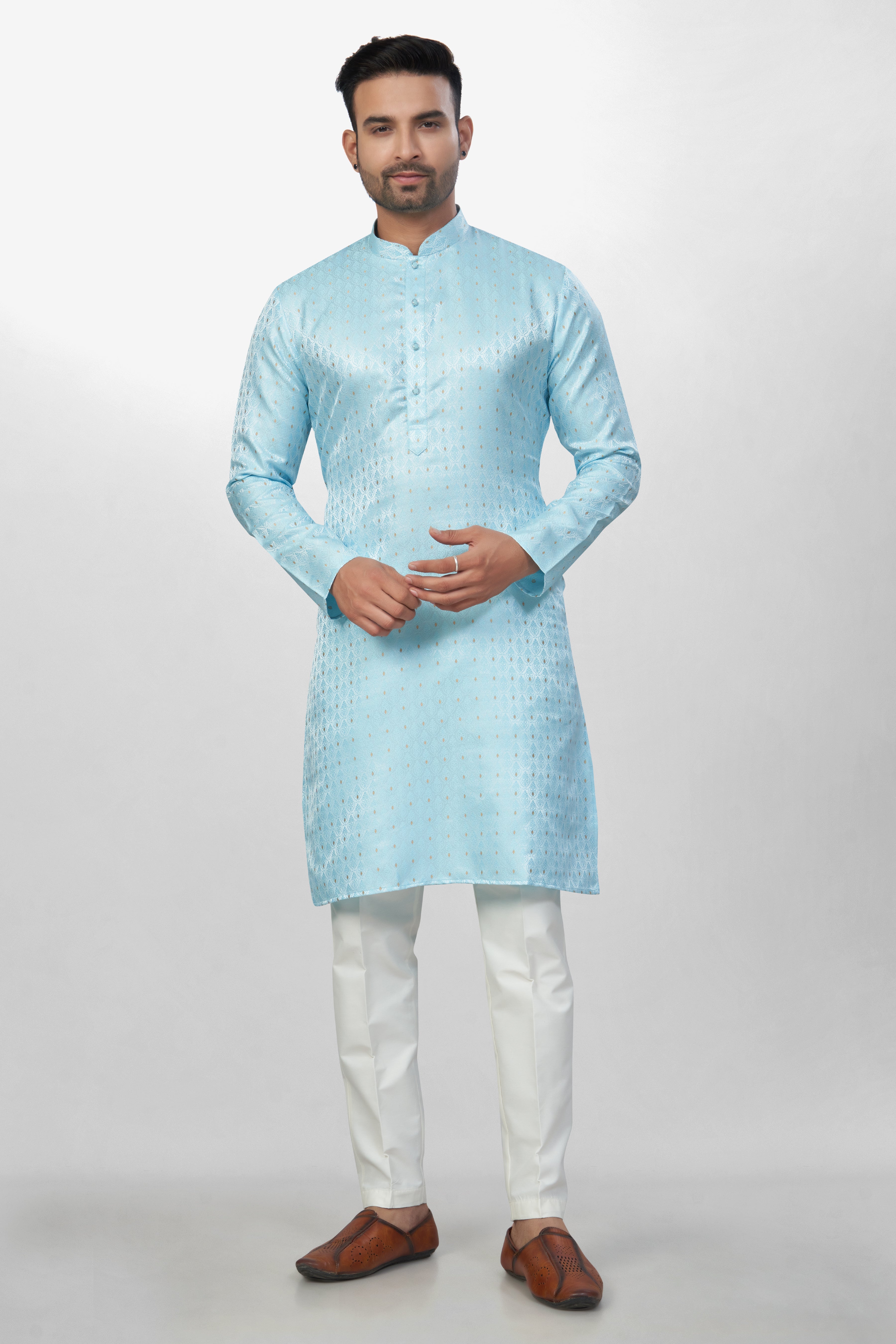 Self Design Sky Blue Silk Kurta | Silk/ Self- Woven Work