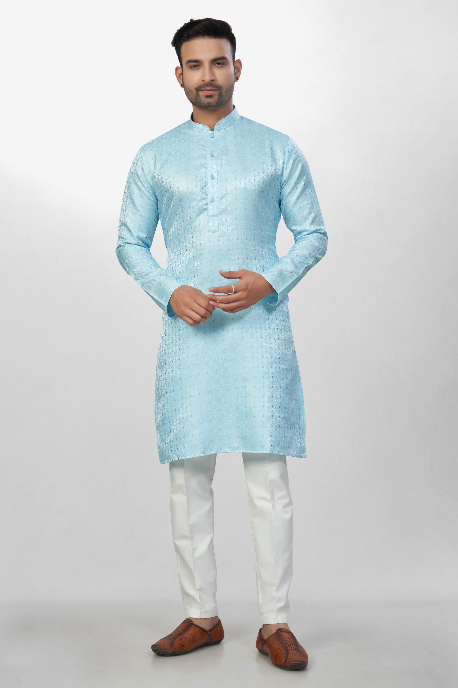 Self Design Sky Blue Silk Kurta | Silk/ Self- Woven Work