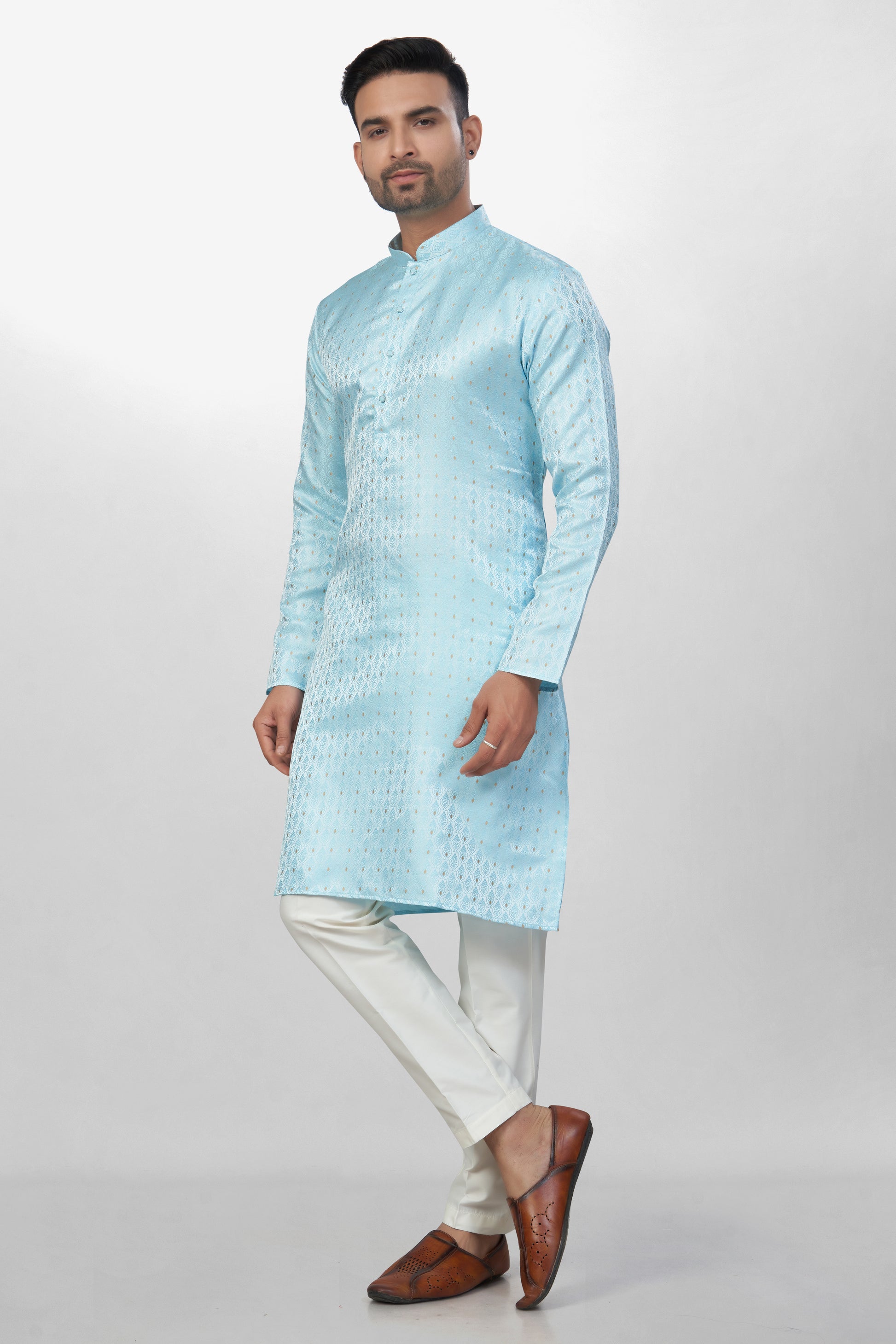 Self Design Sky Blue Silk Kurta | Silk/ Self- Woven Work