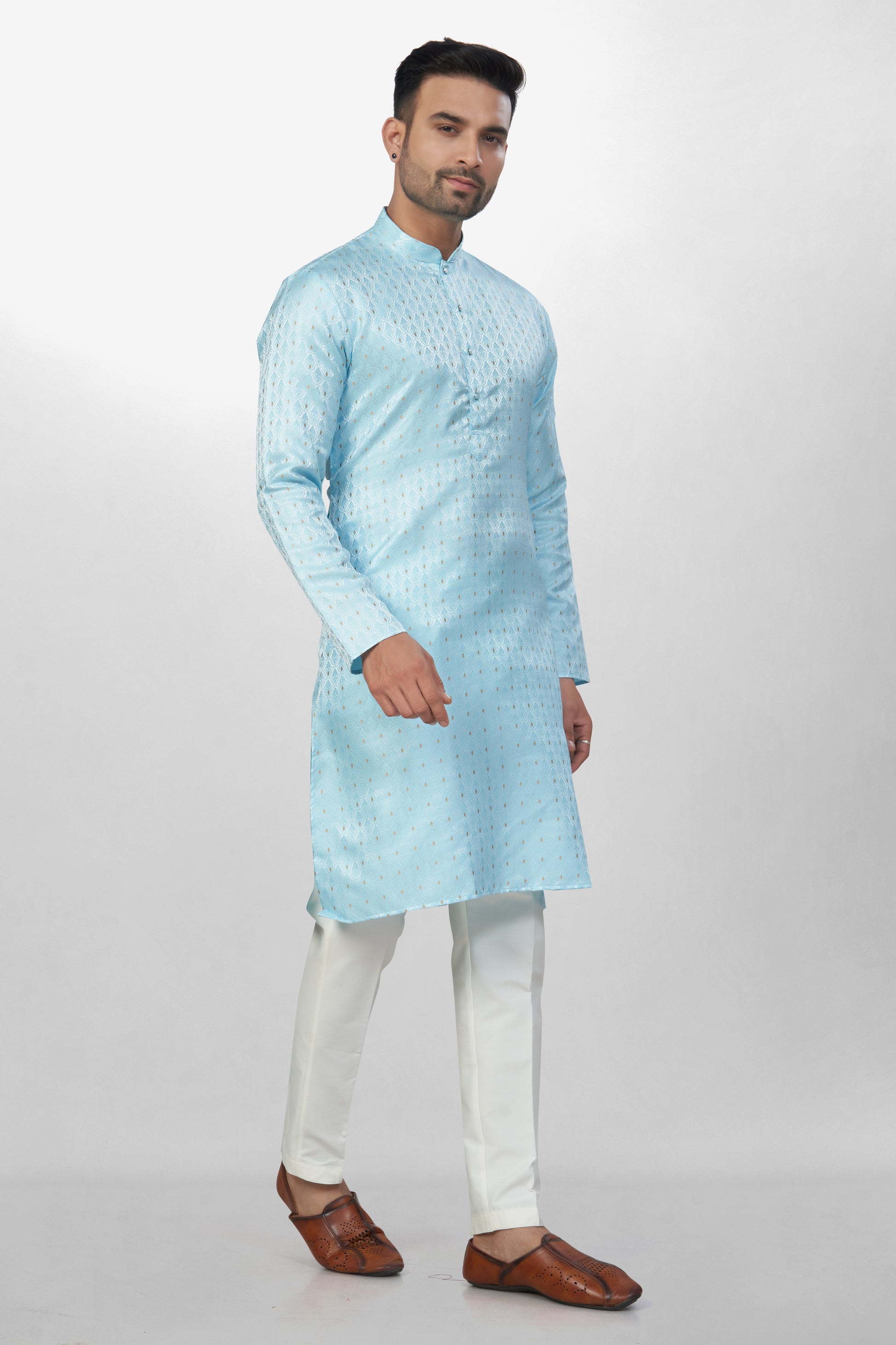 Self Design Sky Blue Silk Kurta | Silk/ Self- Woven Work