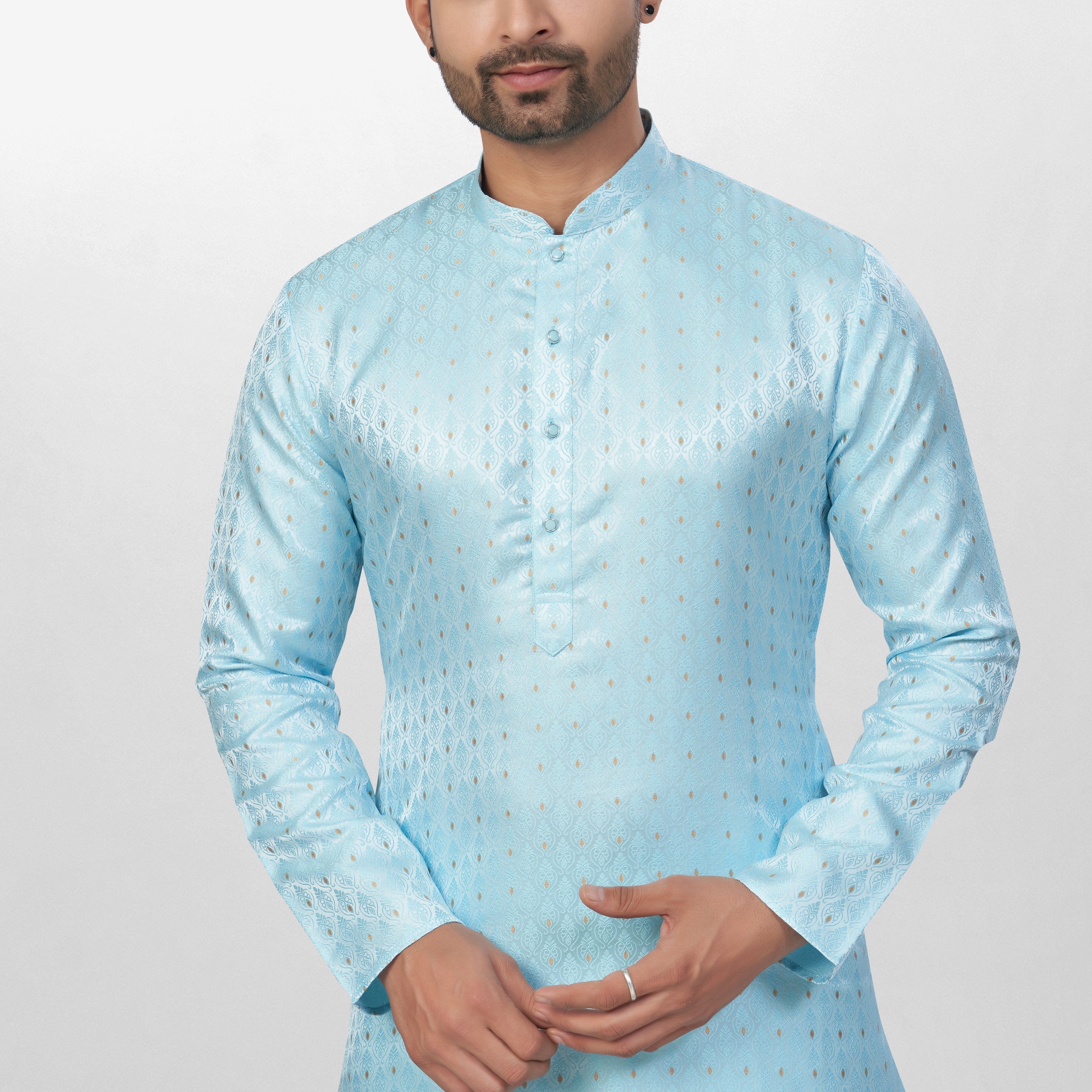 Self Design Sky Blue Silk Kurta | Silk/ Self- Woven Work