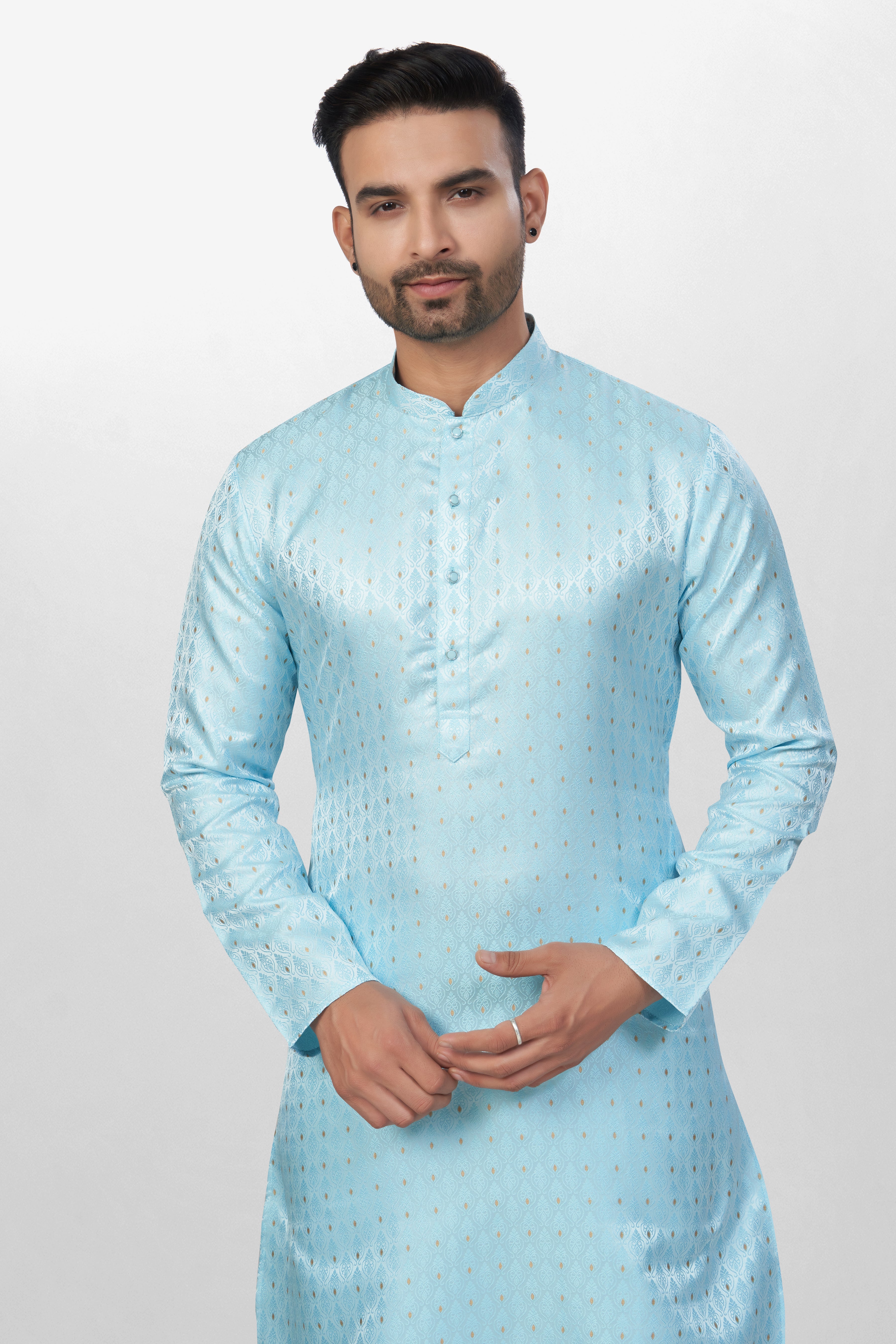 Self Design Sky Blue Silk Kurta | Silk/ Self- Woven Work