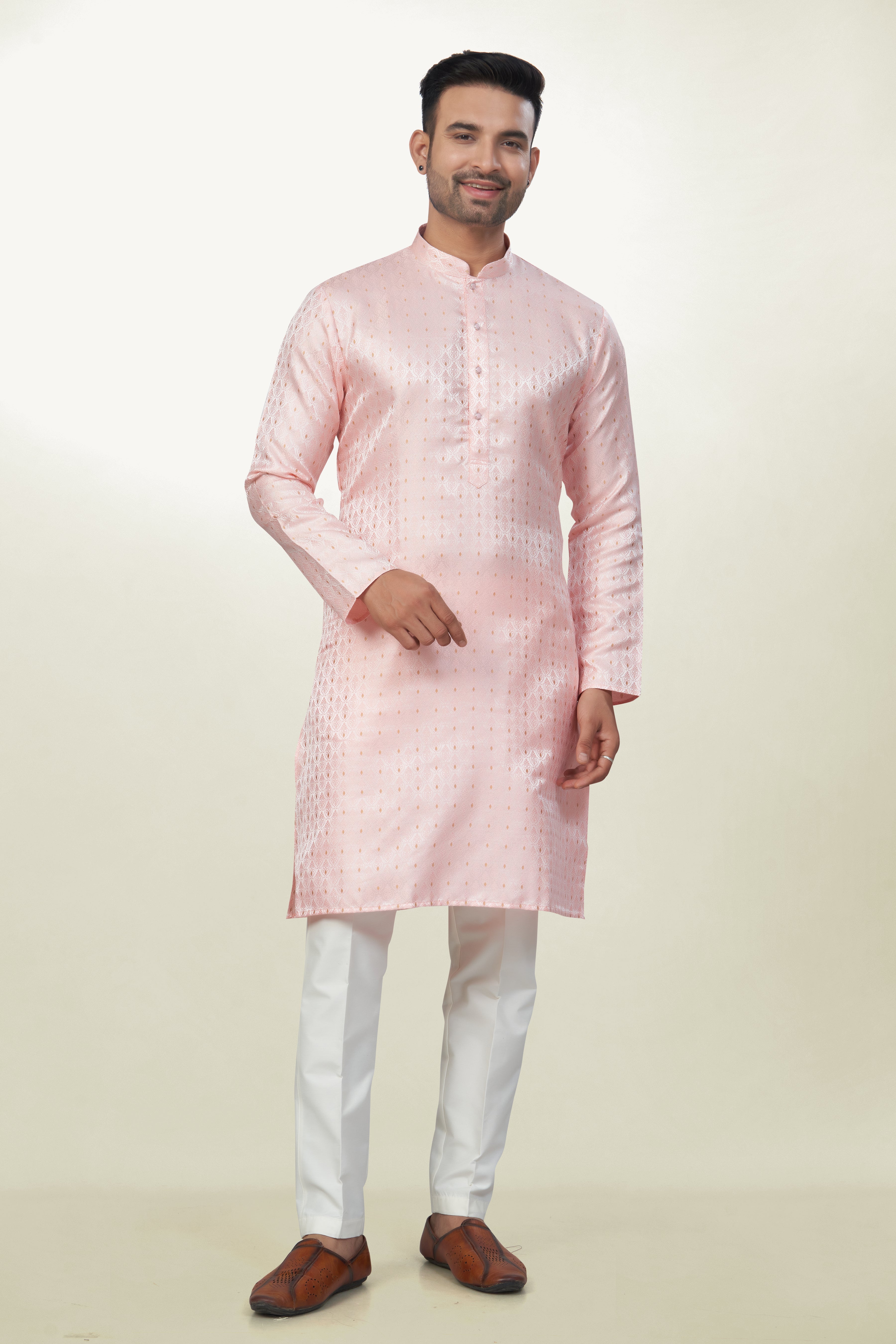 Self Design Baby Pink Silk Kurta | Silk/ Self- Woven Work