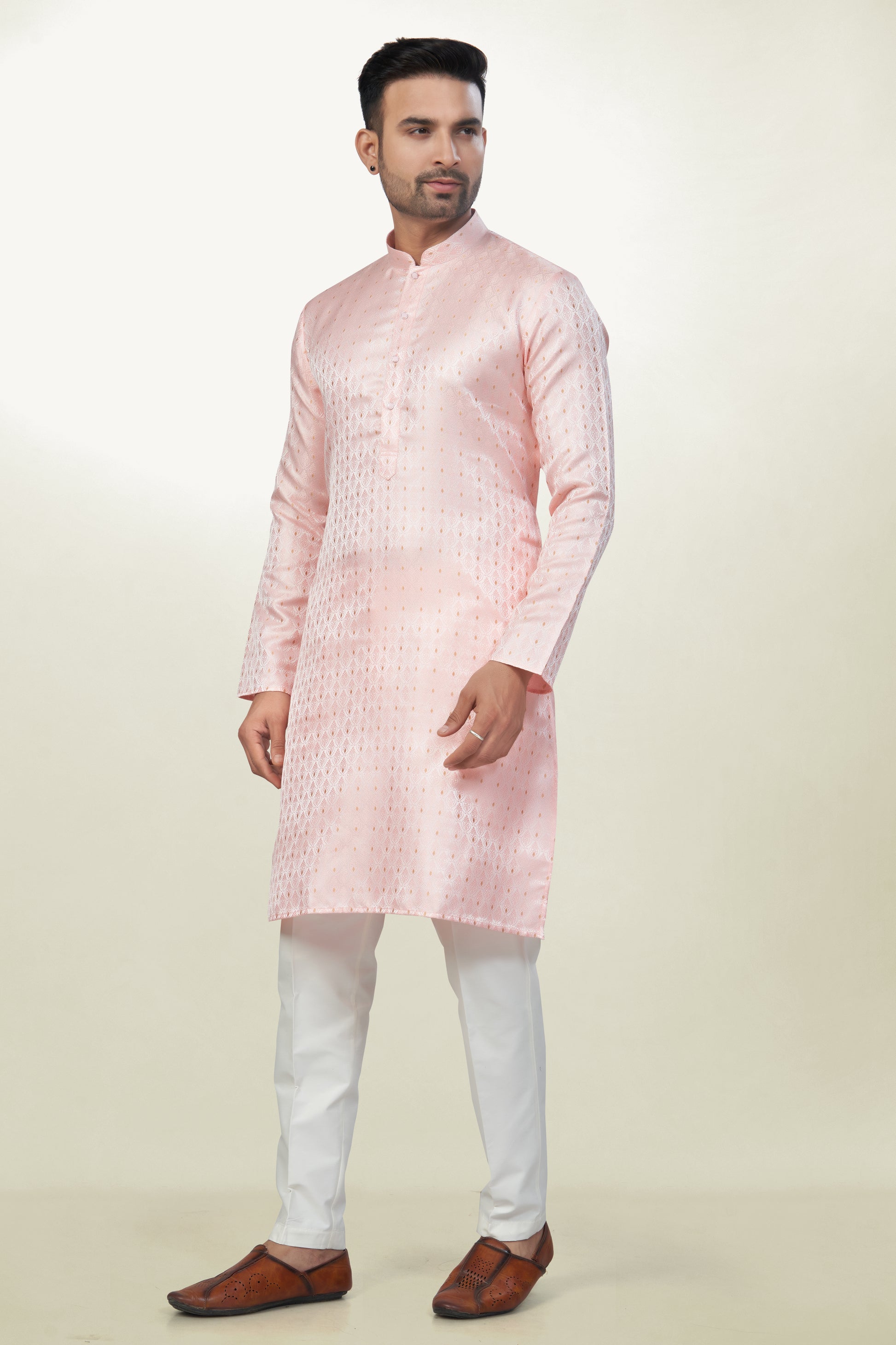 Self Design Baby Pink Silk Kurta | Silk/ Self- Woven Work