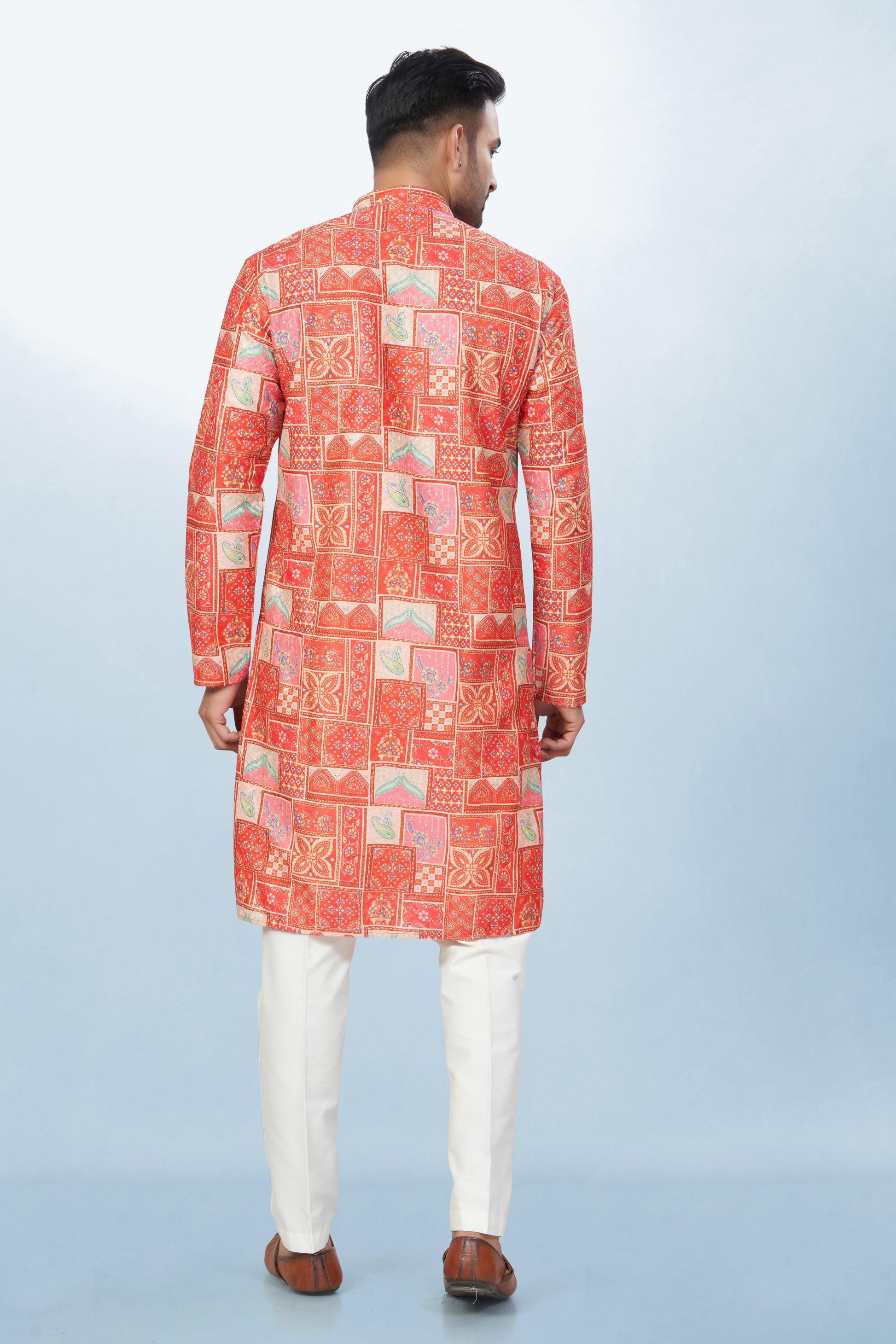 Coral Geometric Block Print Kurta for men - Cotton Kurta