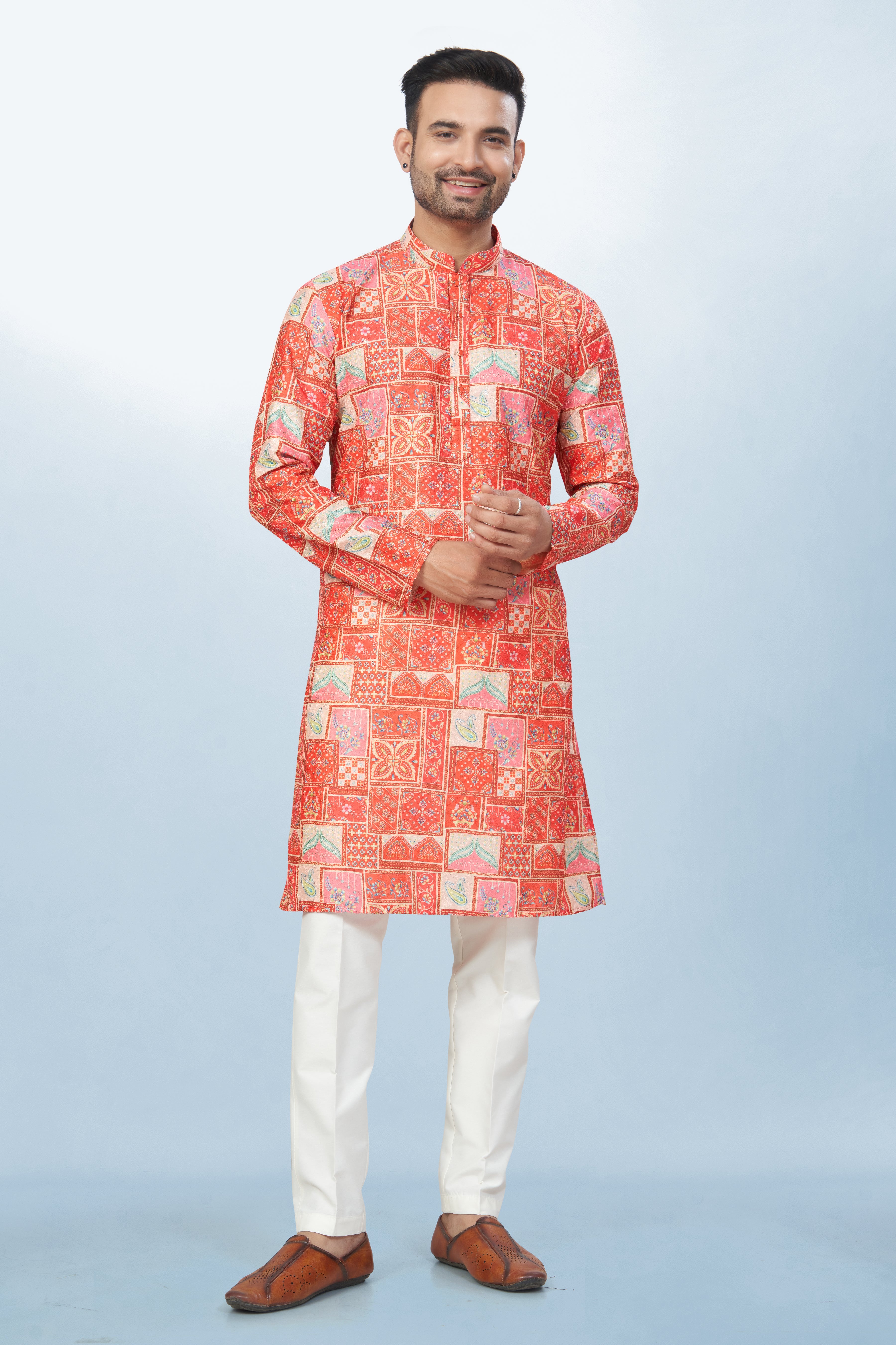 Coral Geometric Block Print Kurta for men - Cotton Kurta
