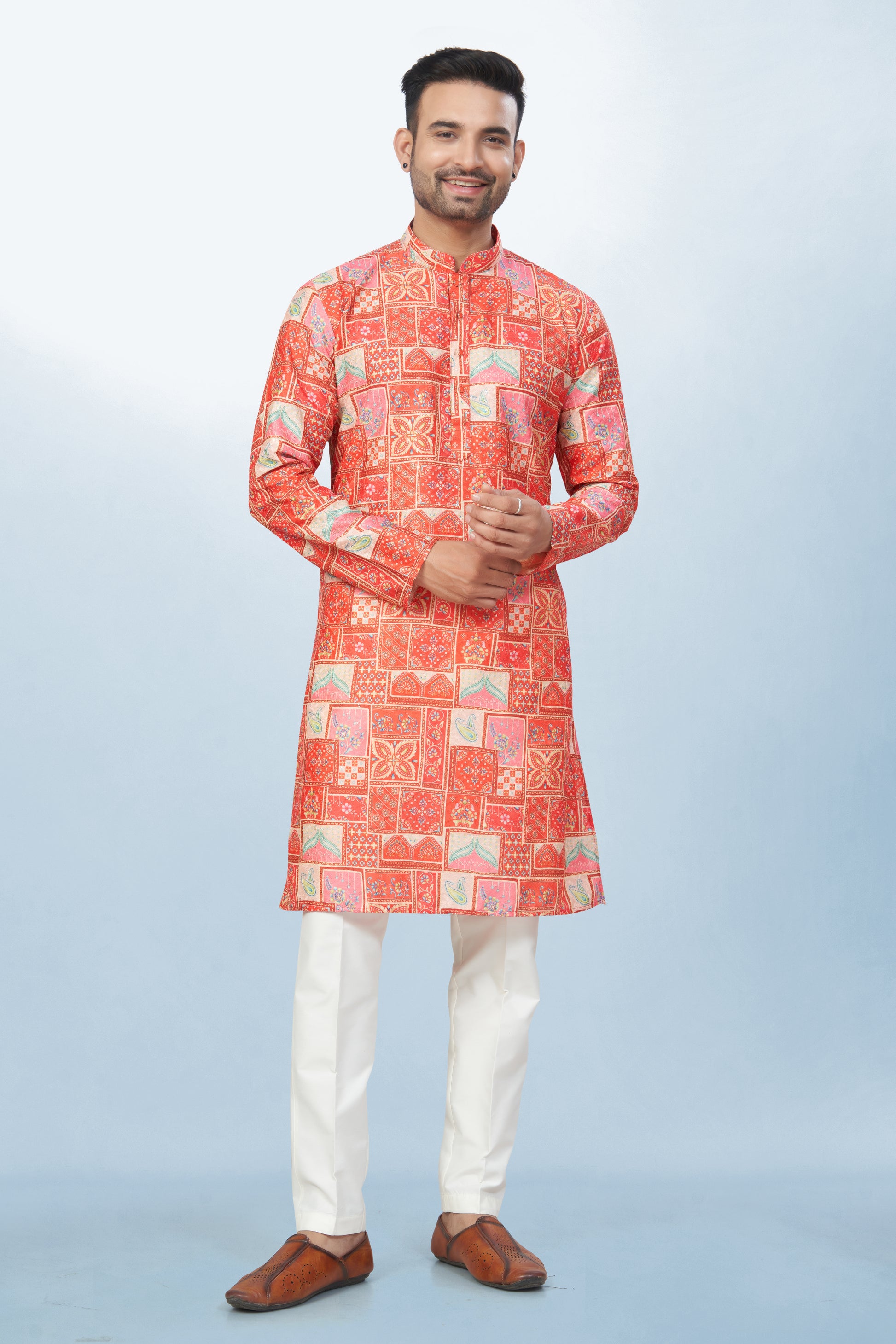 Coral Geometric Block Print Kurta for men - Cotton Kurta