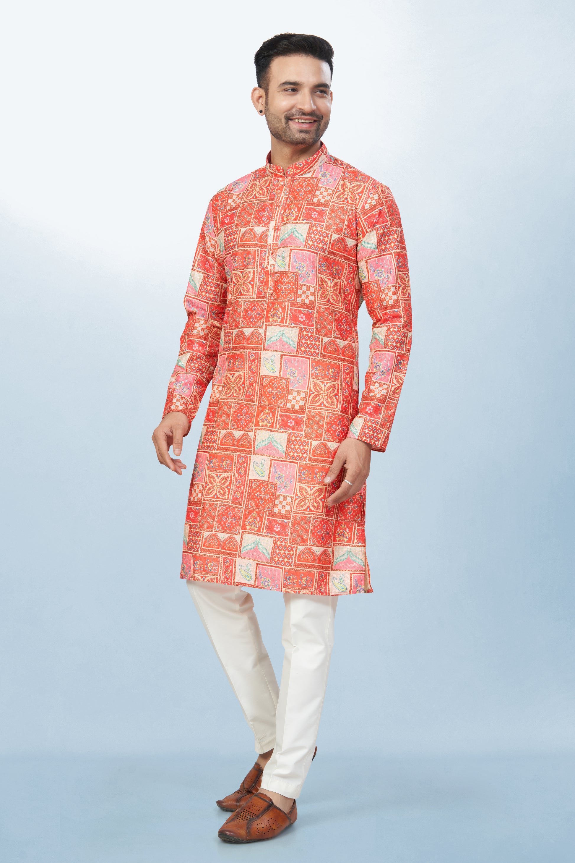 Coral Geometric Block Print Kurta for men - Cotton Kurta