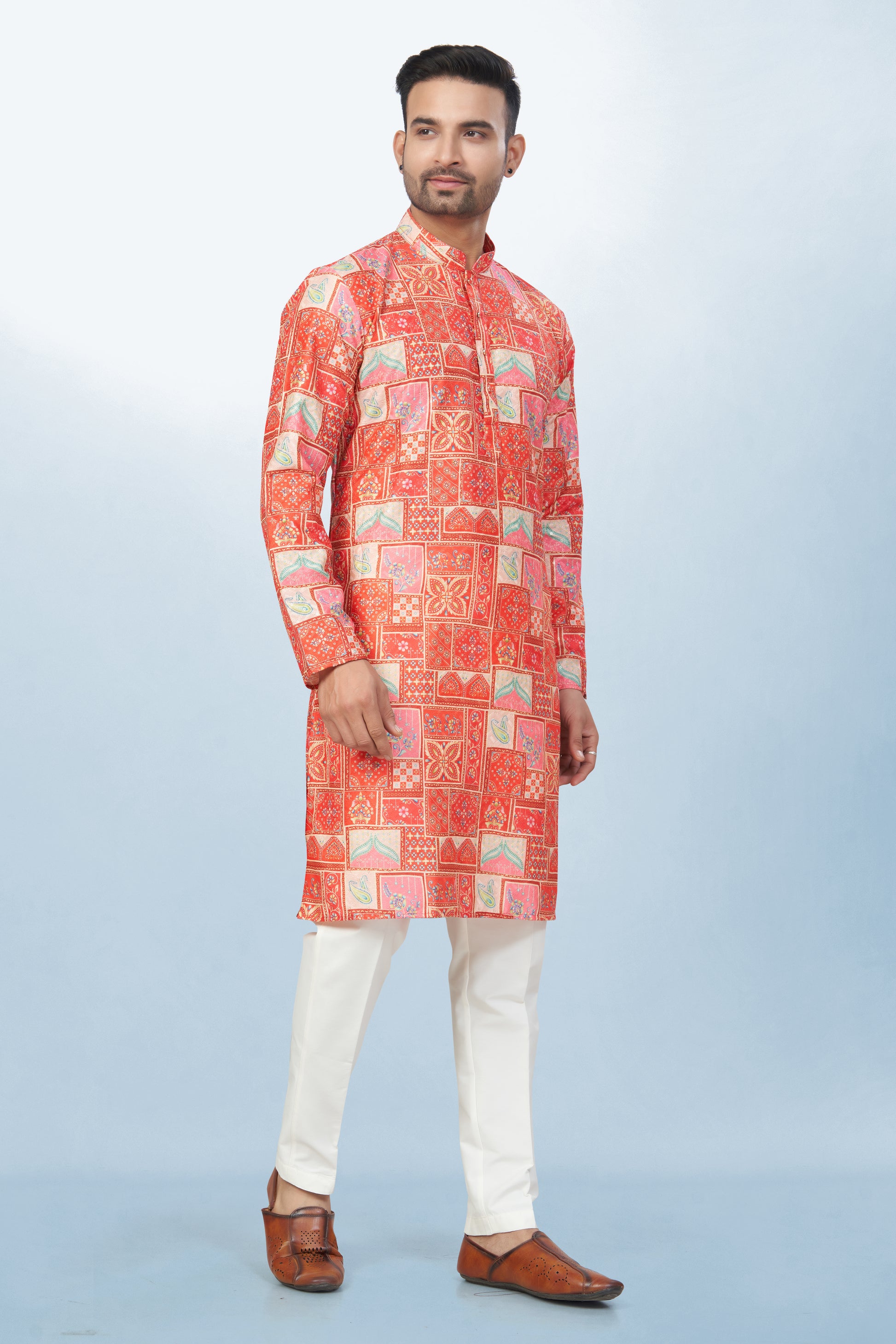 Coral Geometric Block Print Kurta for men - Cotton Kurta