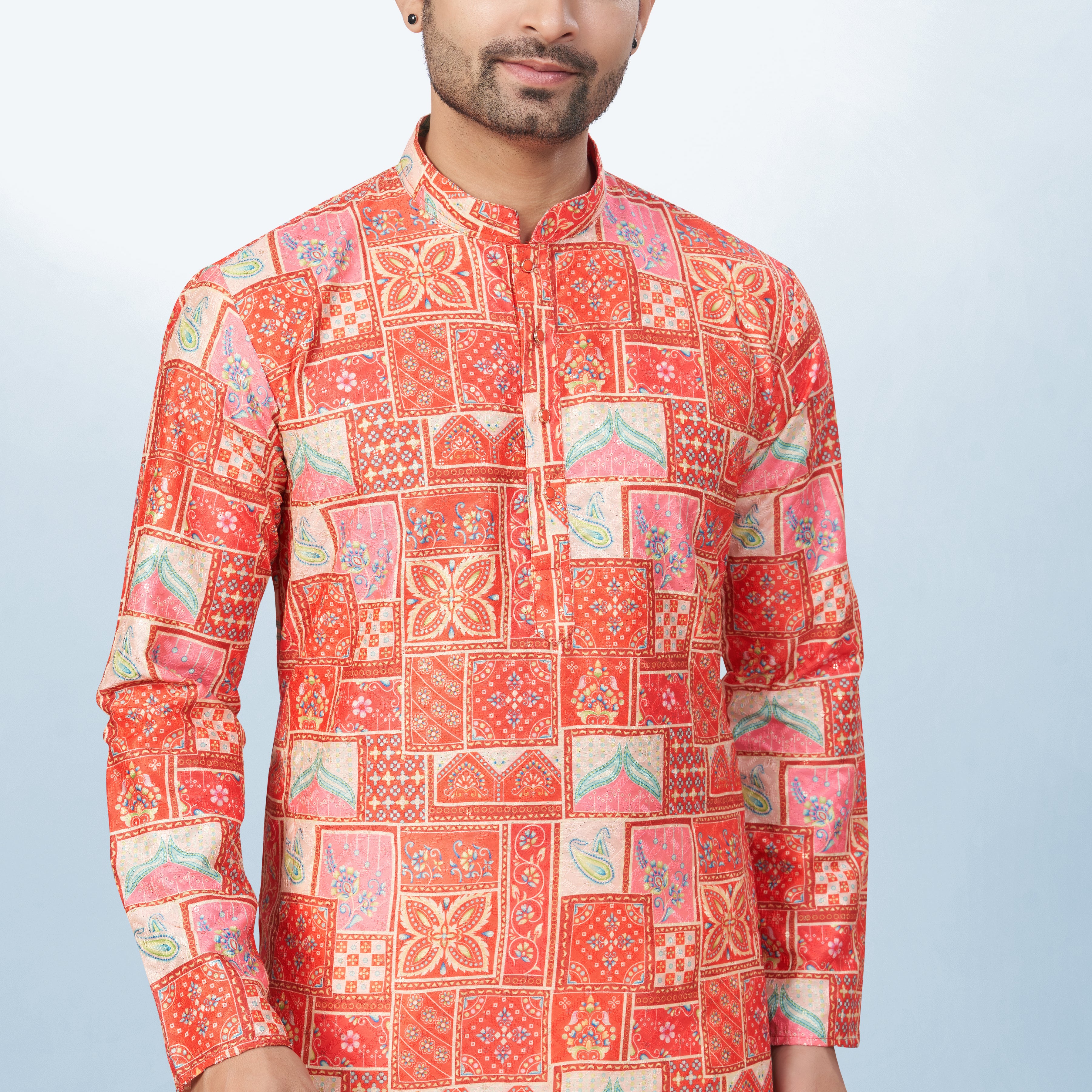 Coral Geometric Block Print Kurta for men - Cotton Kurta