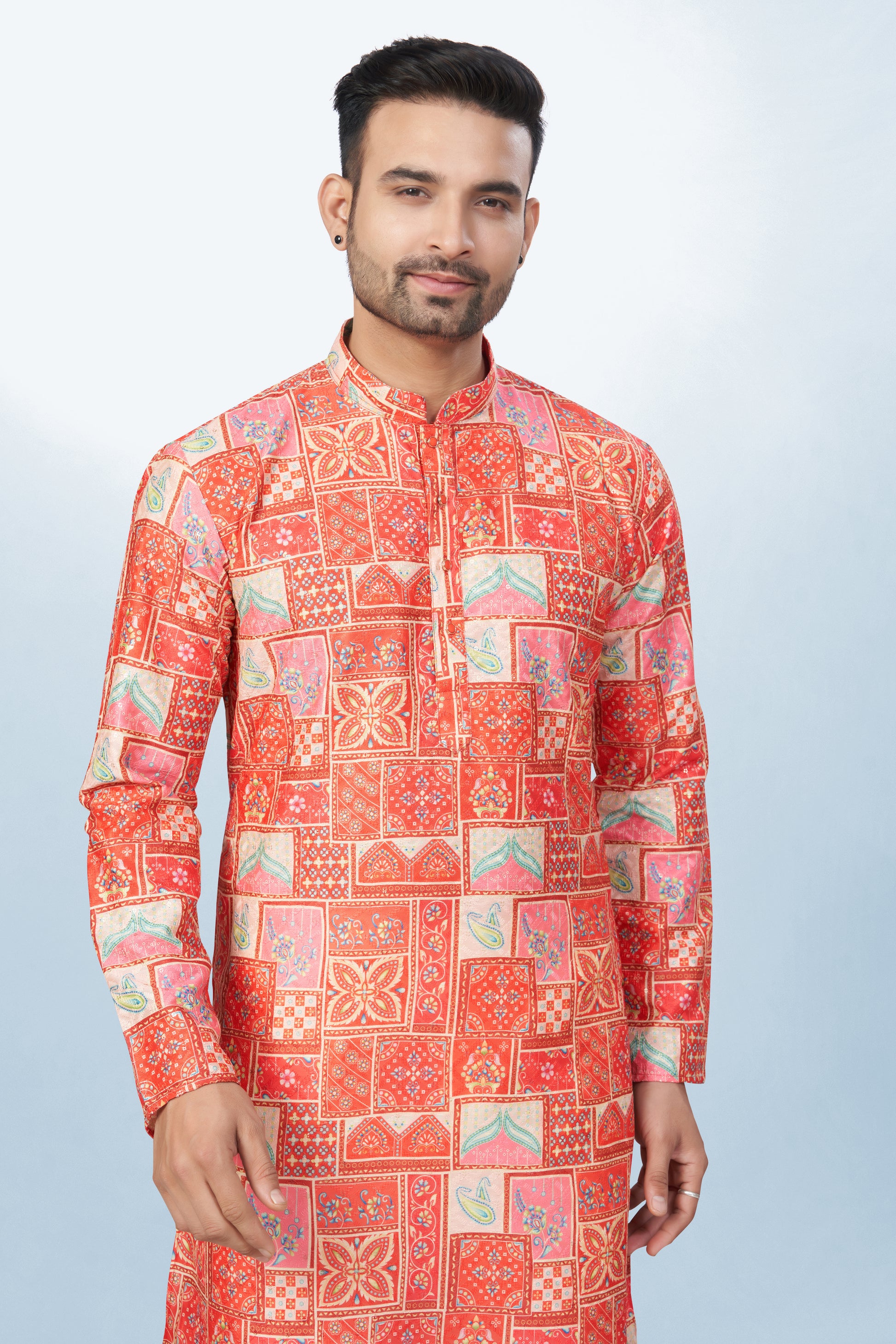 Coral Geometric Block Print Kurta for men - Cotton Kurta