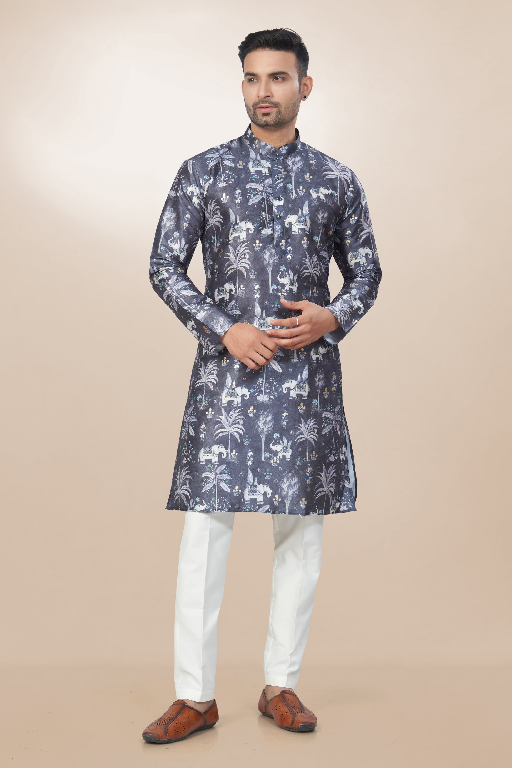 Classic Mandarin Silk Printed Kurta